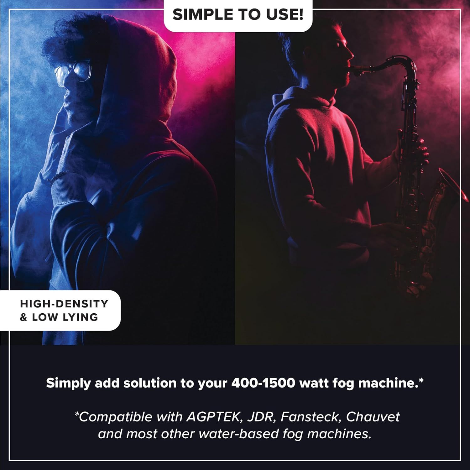 Communicates multiple benefits of the fog machine solution including ease of use, fog density characteristics, and broad compatibility with various fog machine brands to help shoppers understand the…