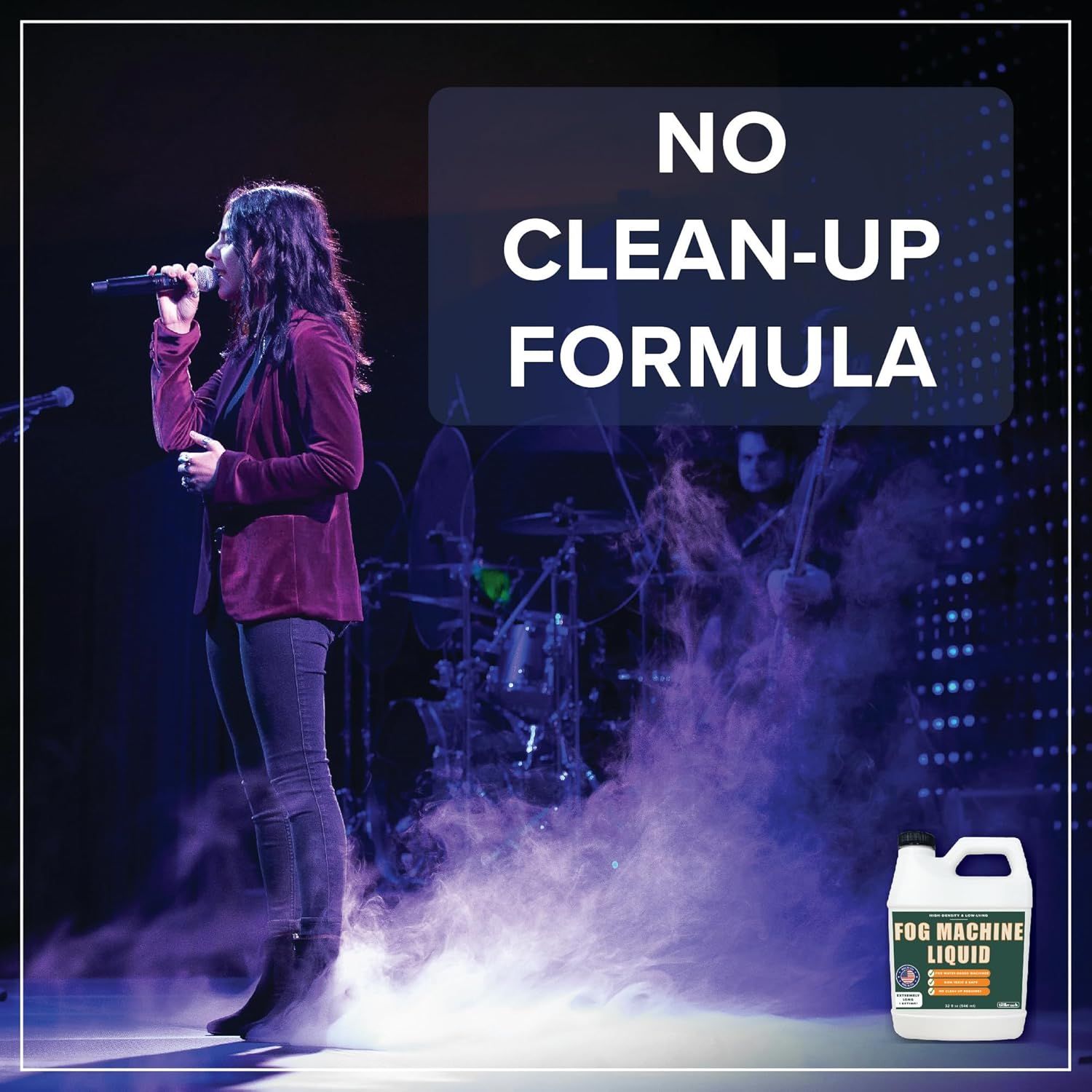 Communicates that the fog machine liquid leaves no residue or cleanup required, making it convenient and hassle-free for performers and event organizers.