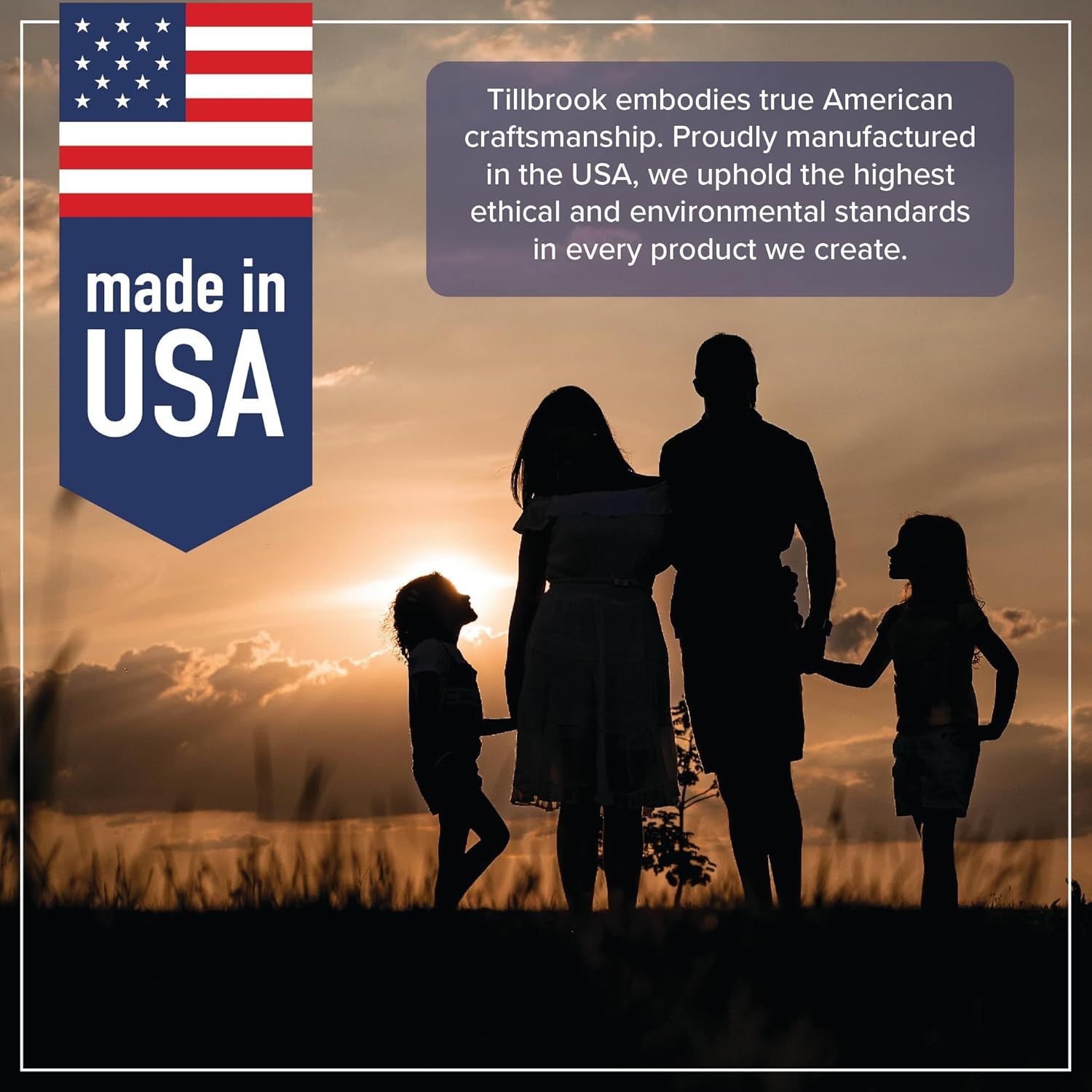 Emphasizes the brand's commitment to American manufacturing and ethical standards, building trust and emotional connection through patriotic imagery and brand values.