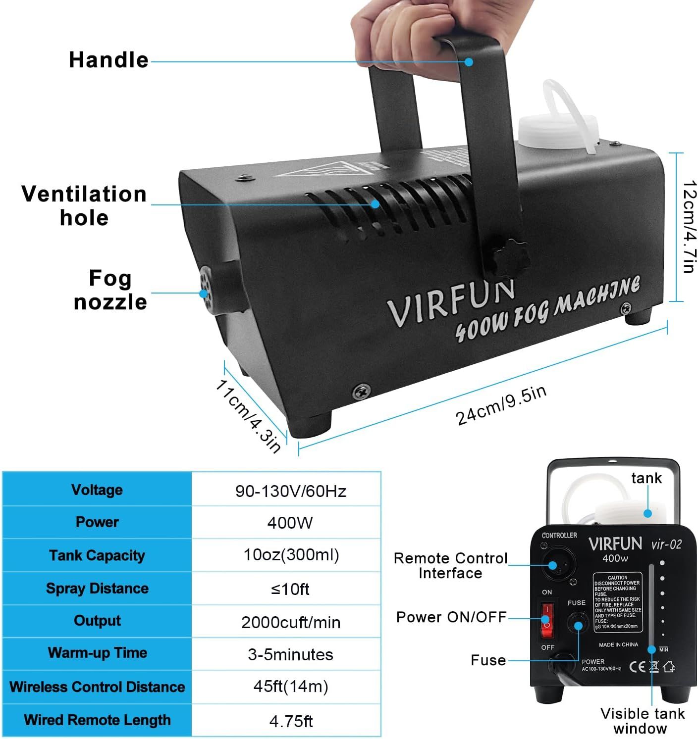 This image breaks down the fog machine by labeling key physical components and structural features to help shoppers understand the product's design and functionality. Communicates detailed technical…