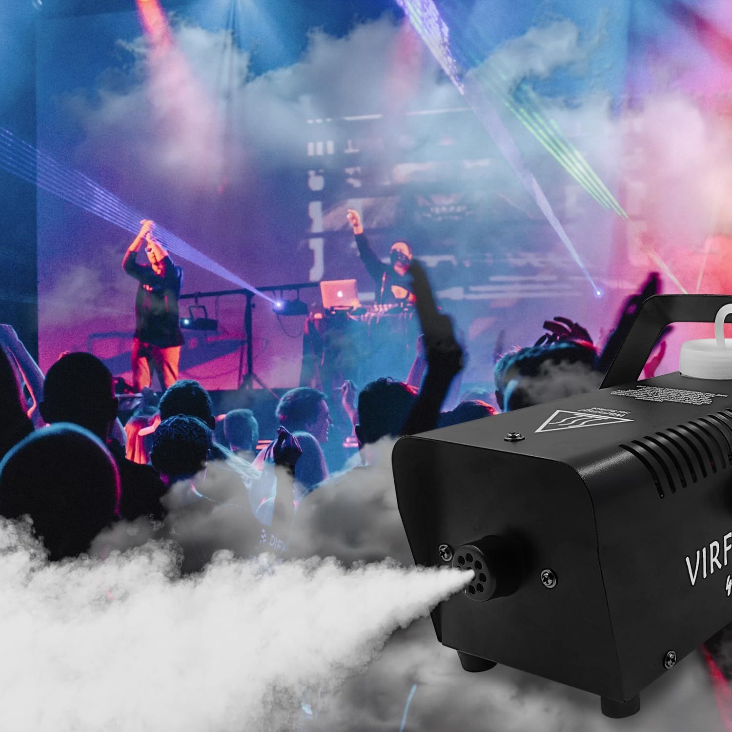 Demonstrates the fog machine in action at a live concert setting to show its effectiveness in creating atmospheric effects for parties, performances, and entertainment events.