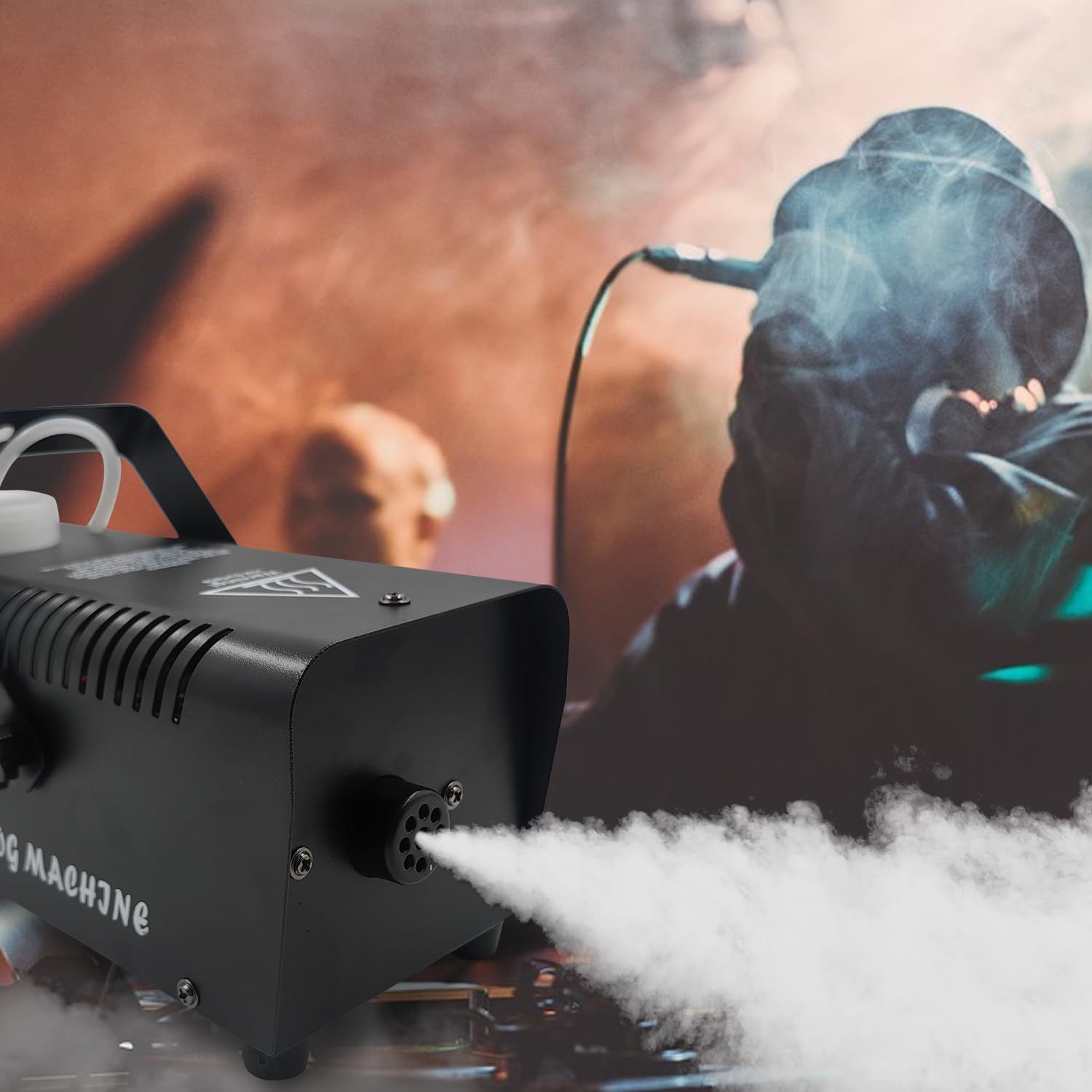 Demonstrates the fog machine being used in a real-world party or event environment to help shoppers visualize how the product creates atmosphere and ambiance.