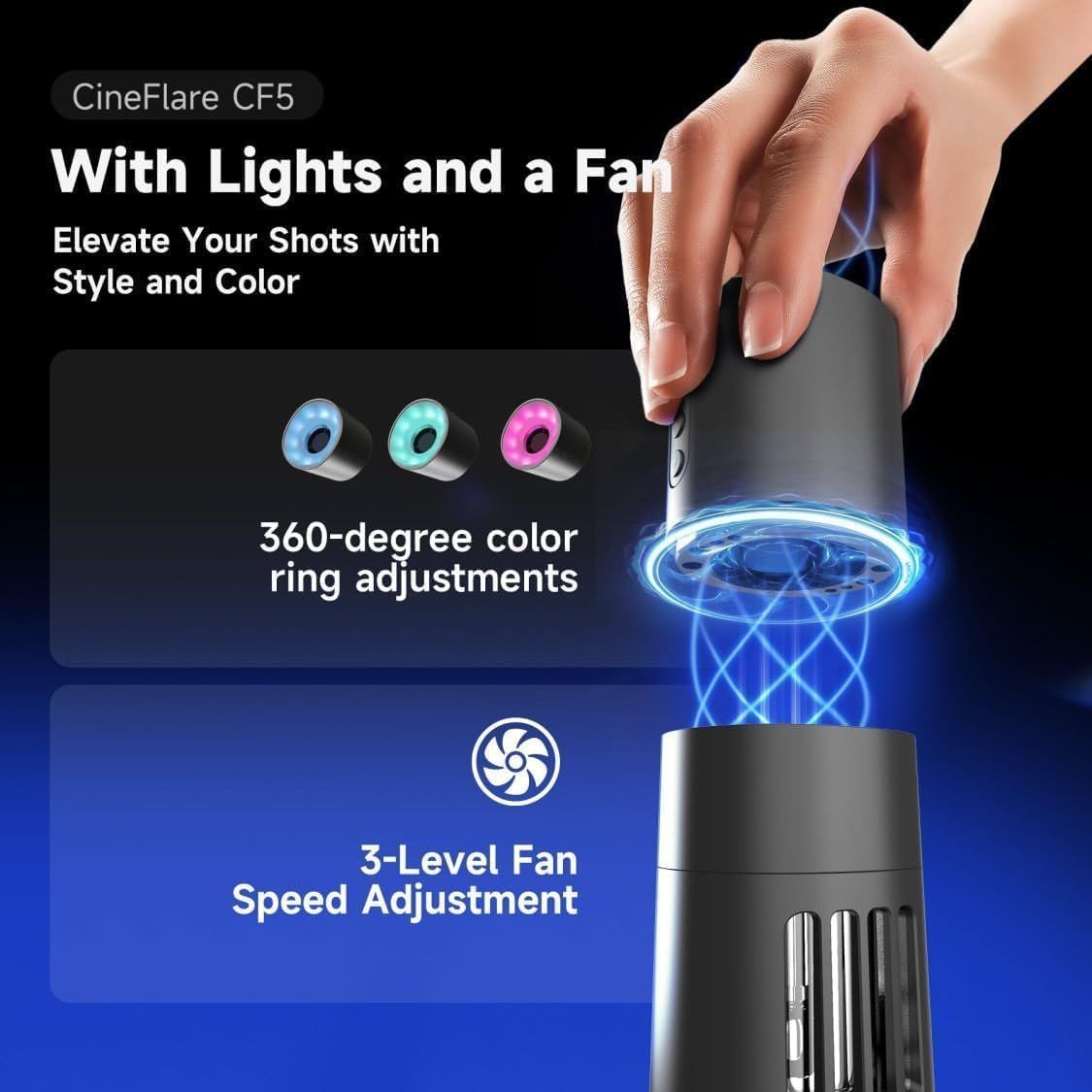 Showcases two key features of the product: customizable LED lighting with multiple color options and adjustable fan speed settings to demonstrate versatility and user control.