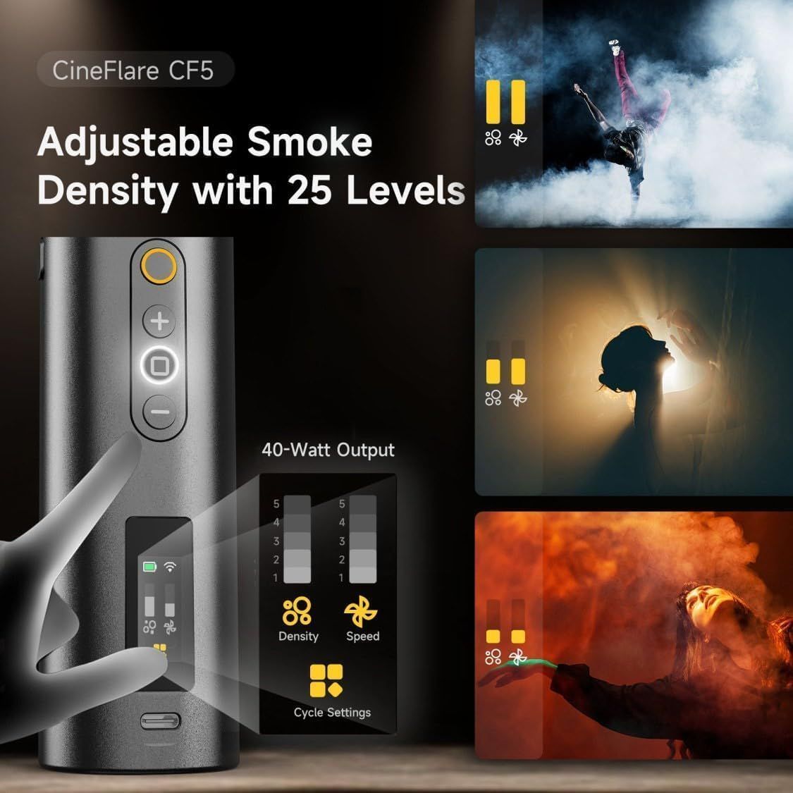 Showcases multiple key features of the smoke machine including adjustable smoke density, power output, and control options to demonstrate versatility and professional-grade capabilities for…