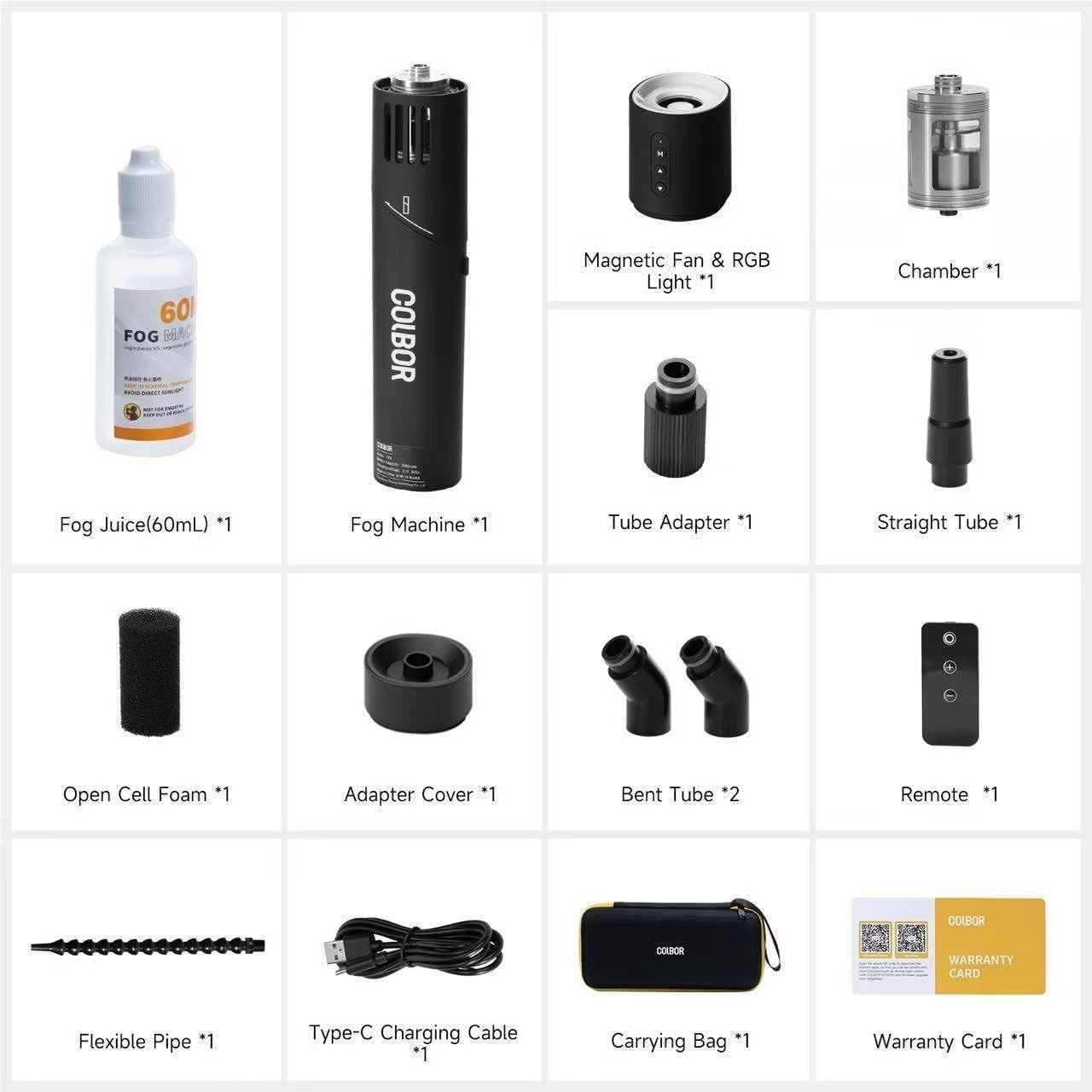 Shows all components included with the fog machine purchase to help shoppers understand the complete package they will receive, including the main device, accessories, fog juice, and carrying case.