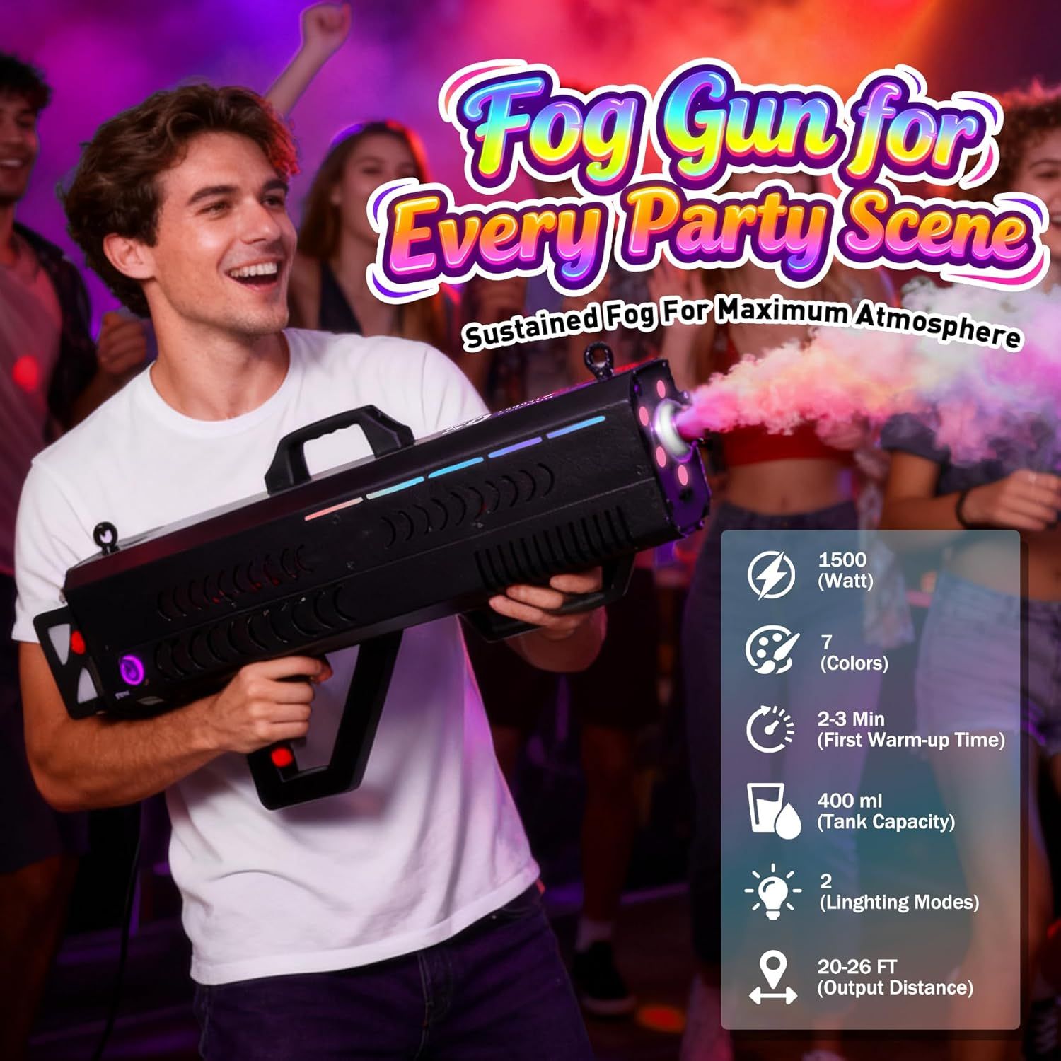 Communicates the technical specifications and performance metrics of the fog gun to help shoppers quickly assess its power, capacity, and capabilities for party use. Demonstrates the fog gun being…