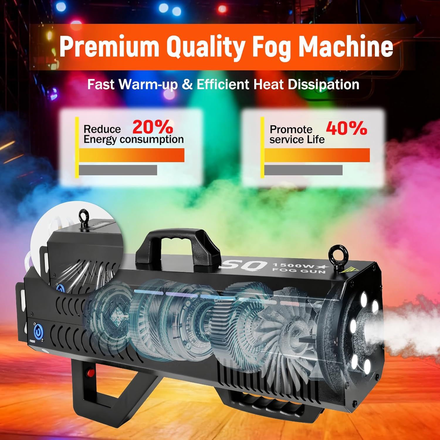 Communicates multiple technical benefits of the fog machine including fast warm-up, efficient heat dissipation, 20% reduced energy consumption, and 40% longer service life to demonstrate superior…