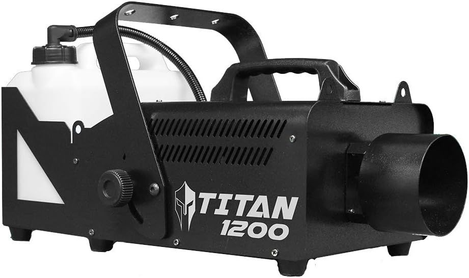 Shows the complete fog machine unit with attached fluid reservoir to communicate what the customer receives and how the product is configured out of the box.