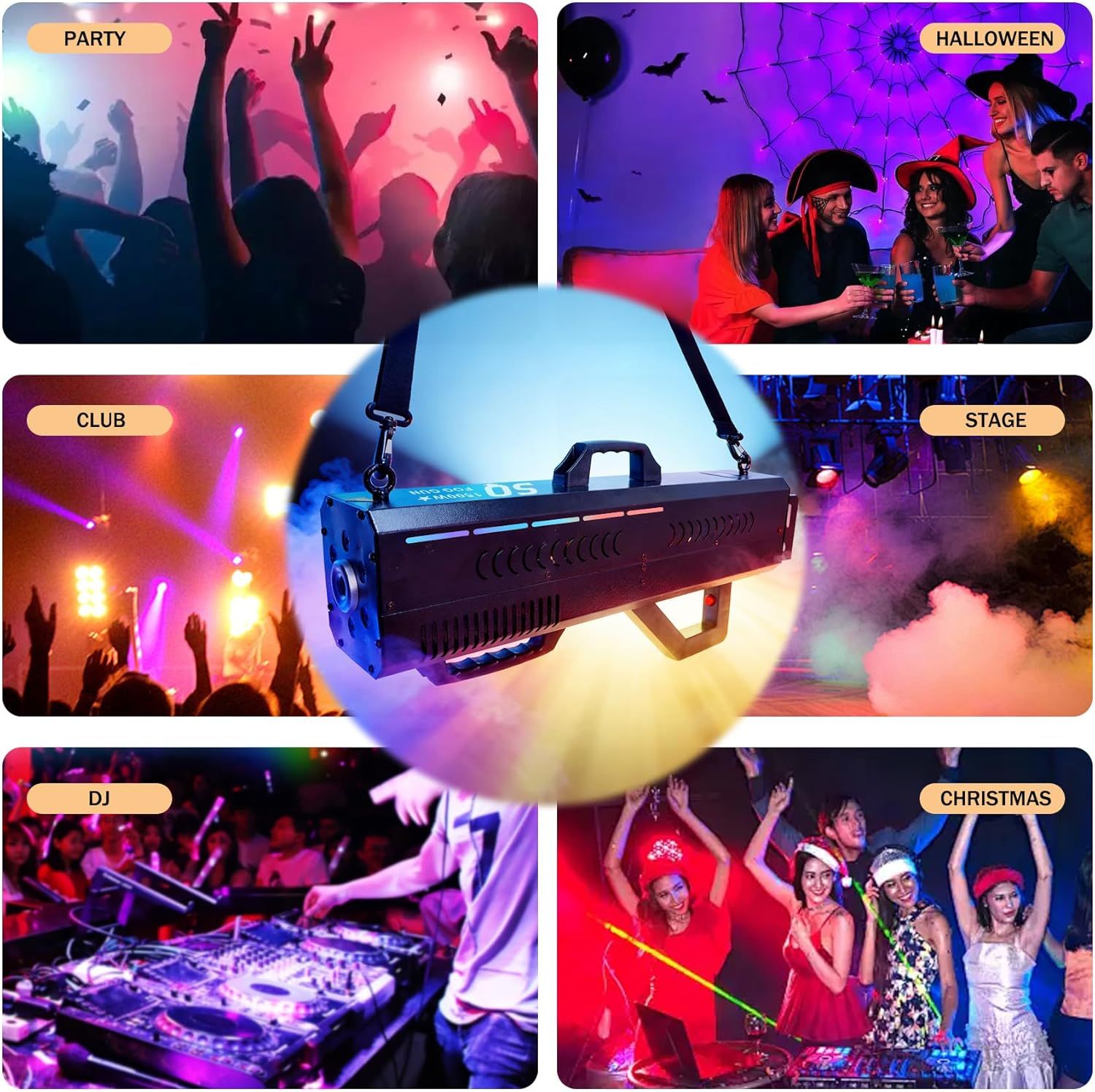 Demonstrates the versatility of the product by showing it can be used across multiple event types and settings, from parties and clubs to seasonal celebrations like Halloween and Christmas.