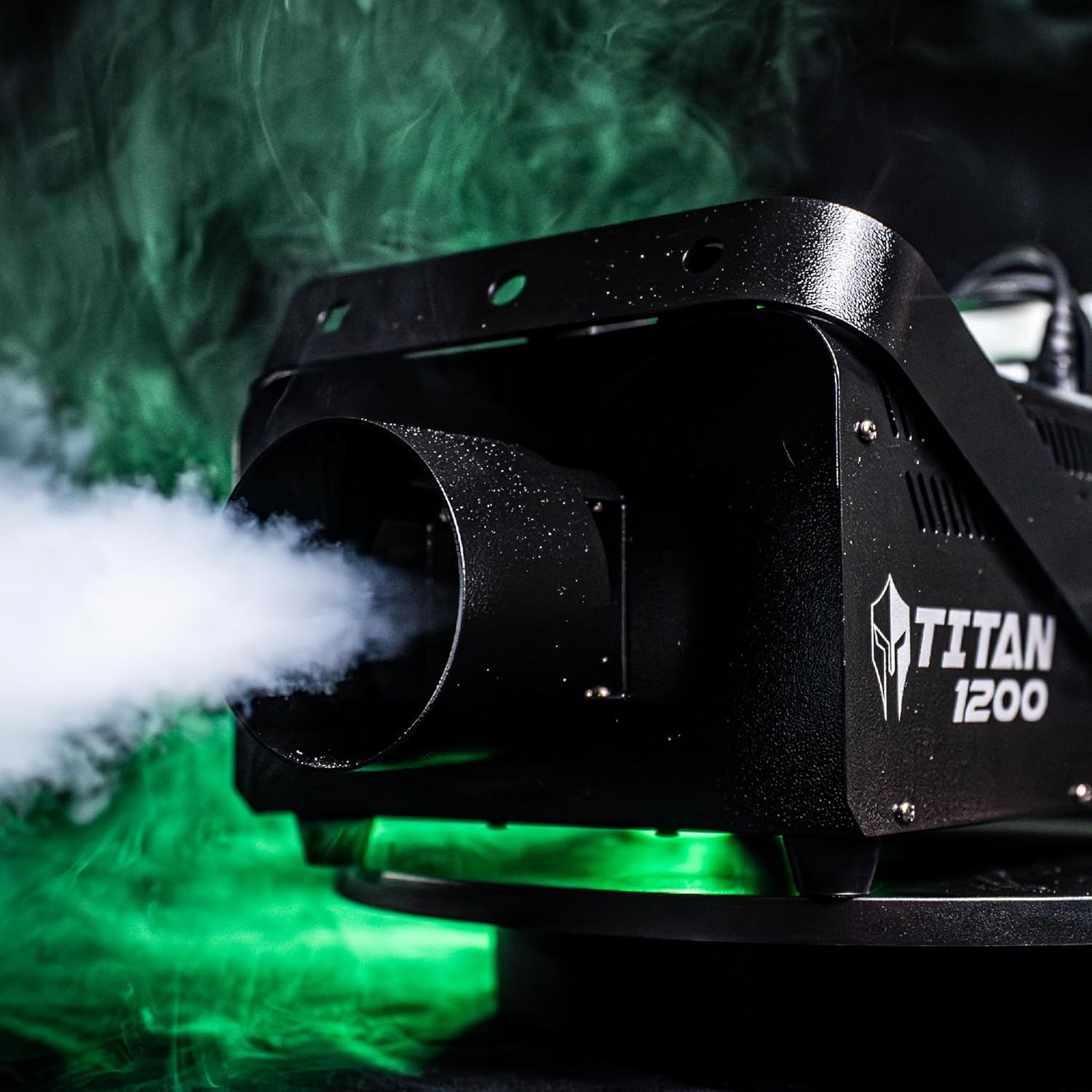 Demonstrates the fog machine's powerful smoke output capability in action to show shoppers the product delivers impressive visual effects.
