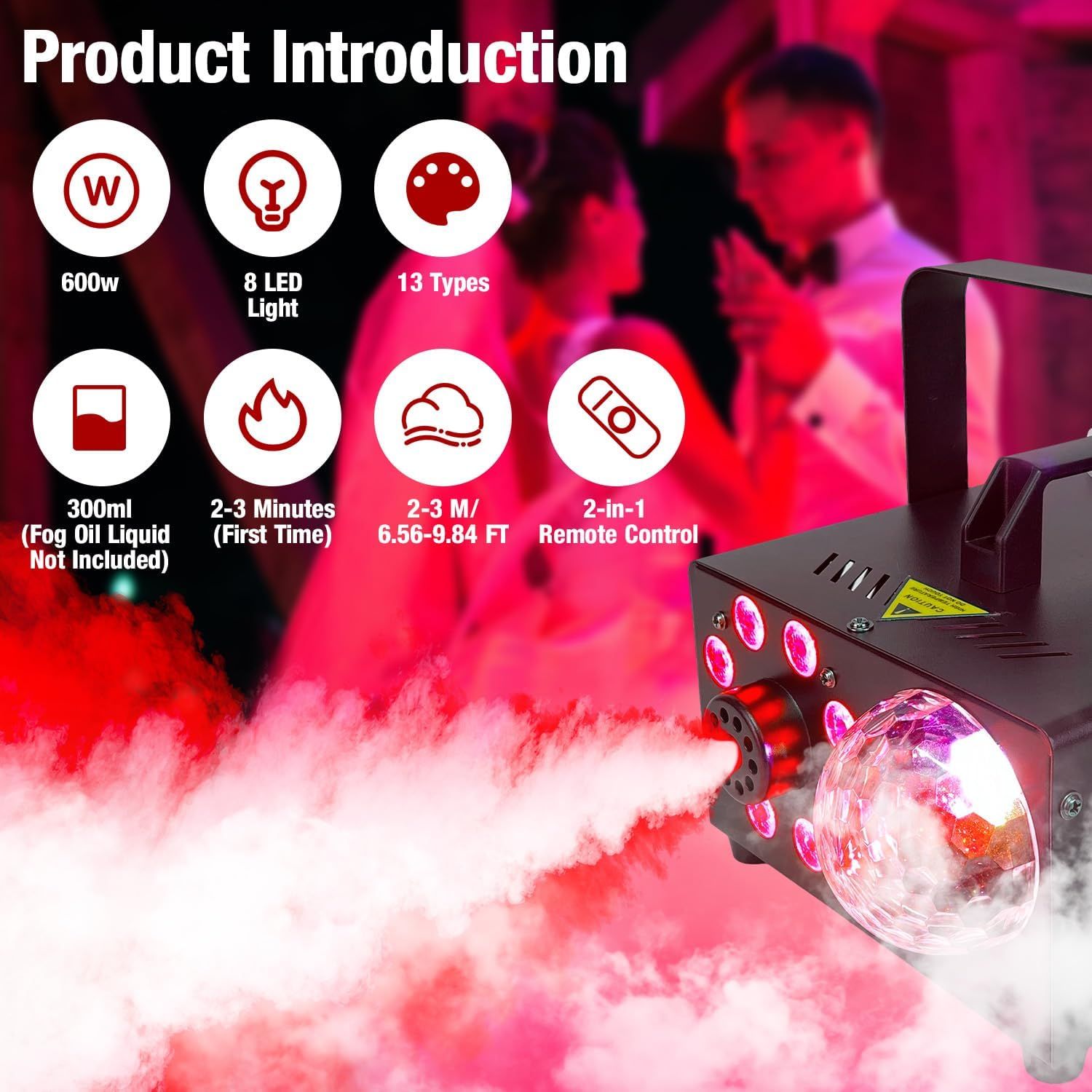 Introduces the fog machine by showcasing its seven key features and specifications to help shoppers quickly understand the product's capabilities and versatility.