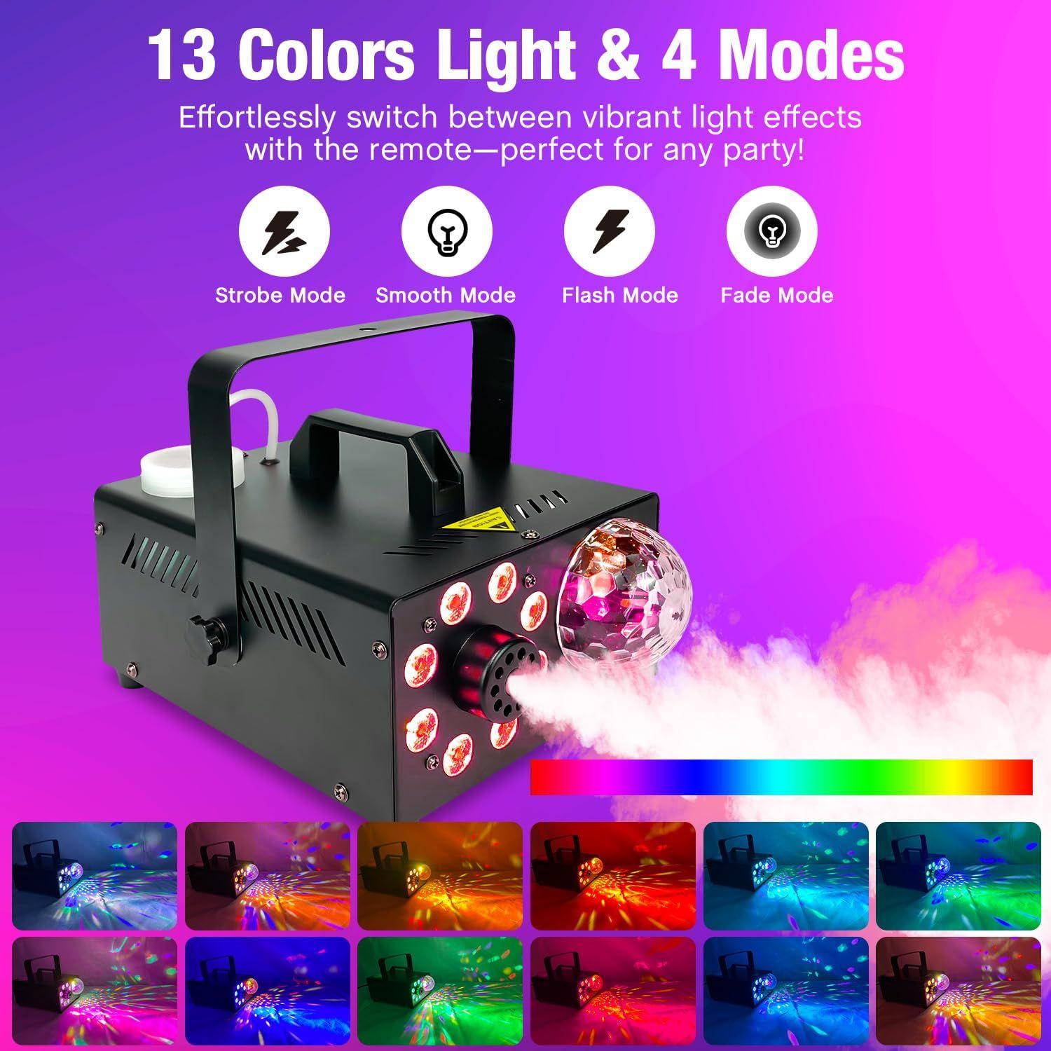 Communicates the versatility of the fog machine by showcasing multiple color options and four distinct lighting modes that can be controlled remotely for party settings.