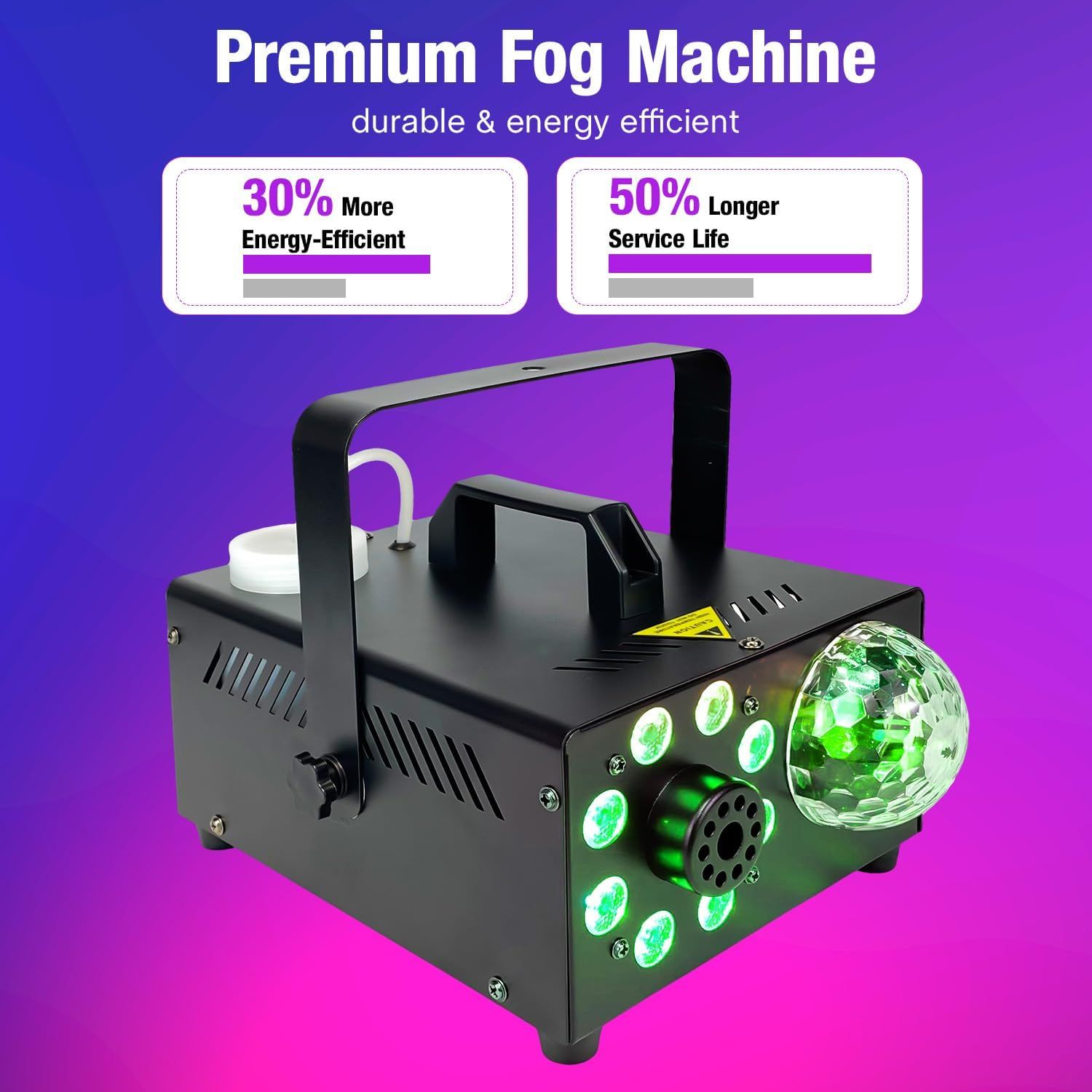Communicates two key benefits of the fog machine: 30% more energy-efficient operation and 50% longer service life, reassuring shoppers of cost savings and longevity.