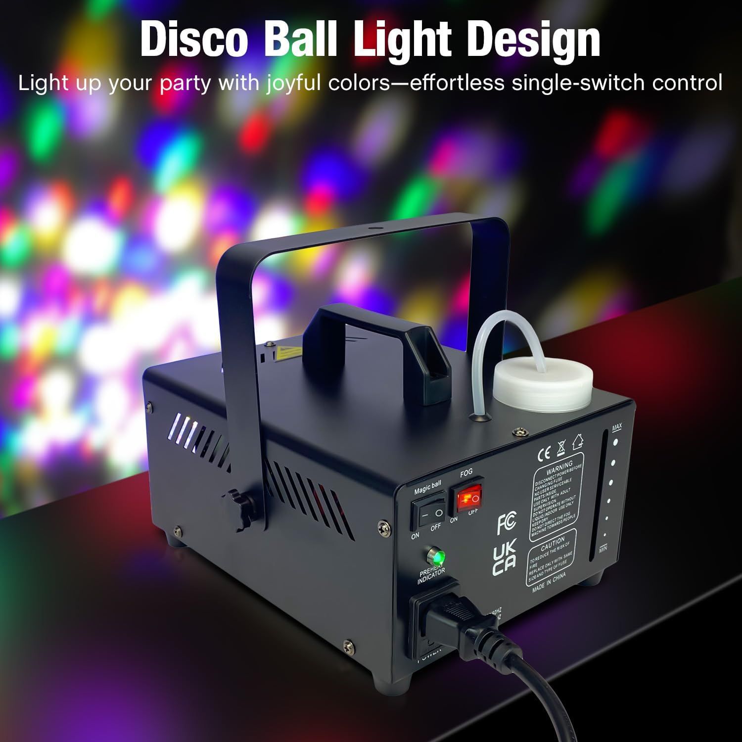 Highlights the disco ball light design feature that creates joyful party colors with effortless single-switch control to show ease of use and party atmosphere creation.