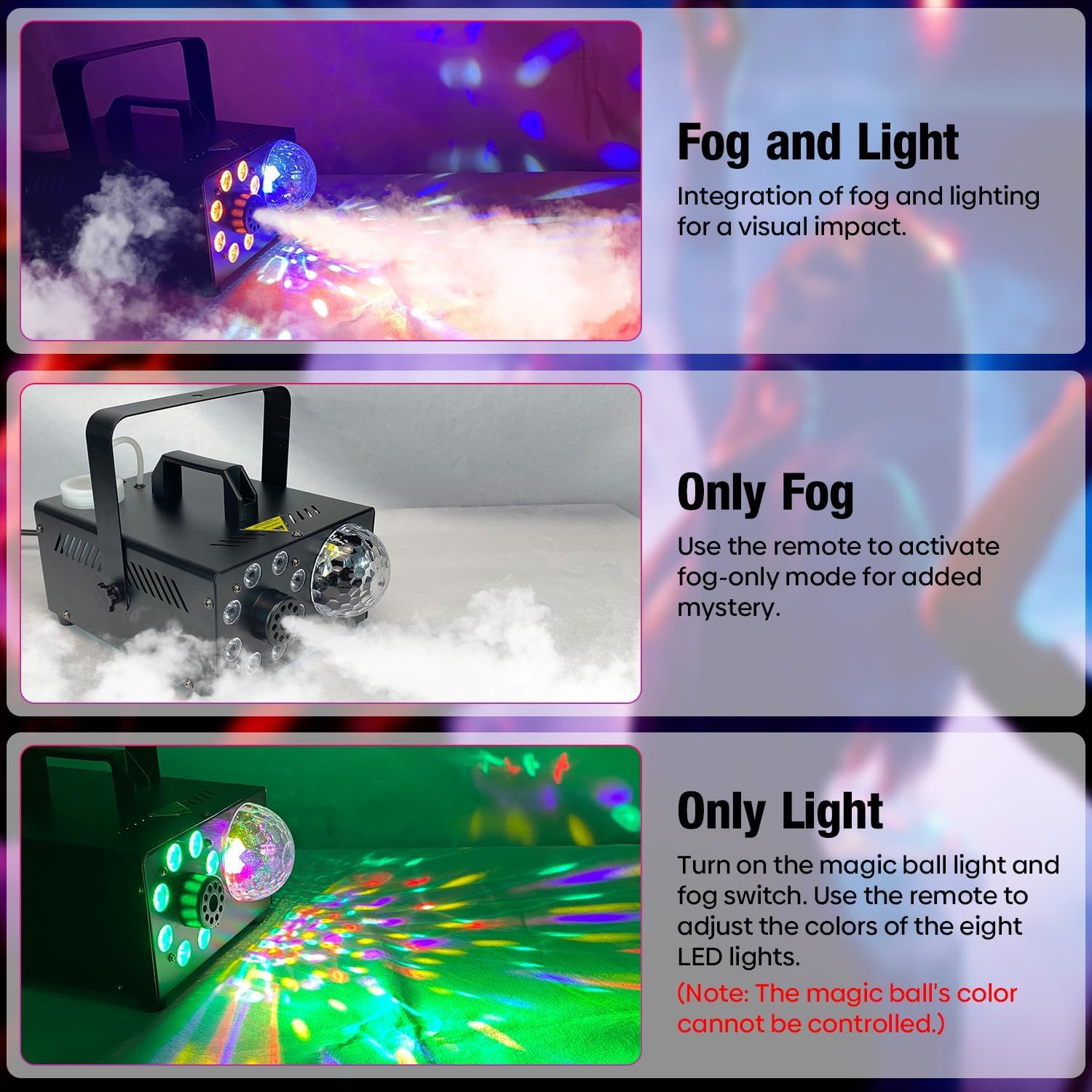 Demonstrates the three different operating modes of the fog and light machine, showing versatility and multiple use cases for creating different atmospheric effects.