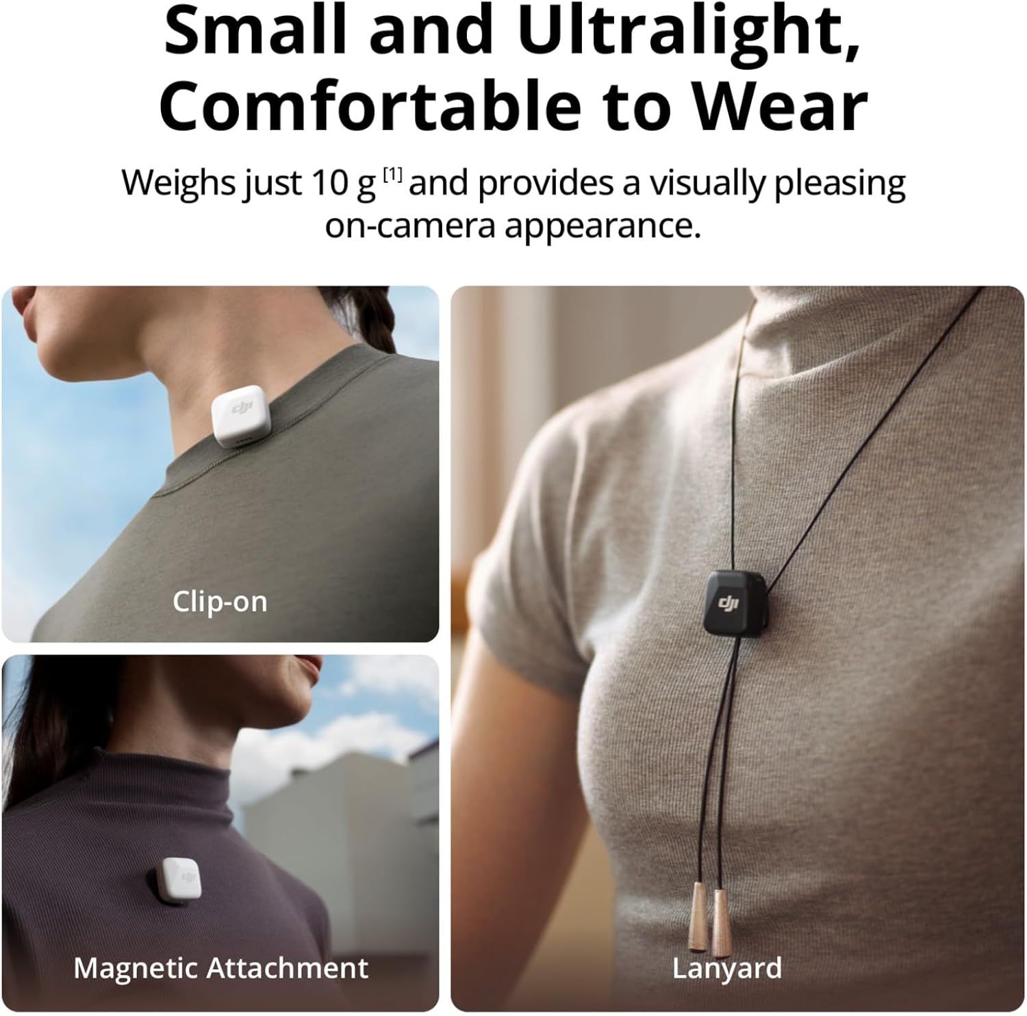 Communicates that the product is ultralight at 10g and comfortable to wear, while showcasing three different attachment methods (clip-on, magnetic, lanyard) to demonstrate versatility and convenience.