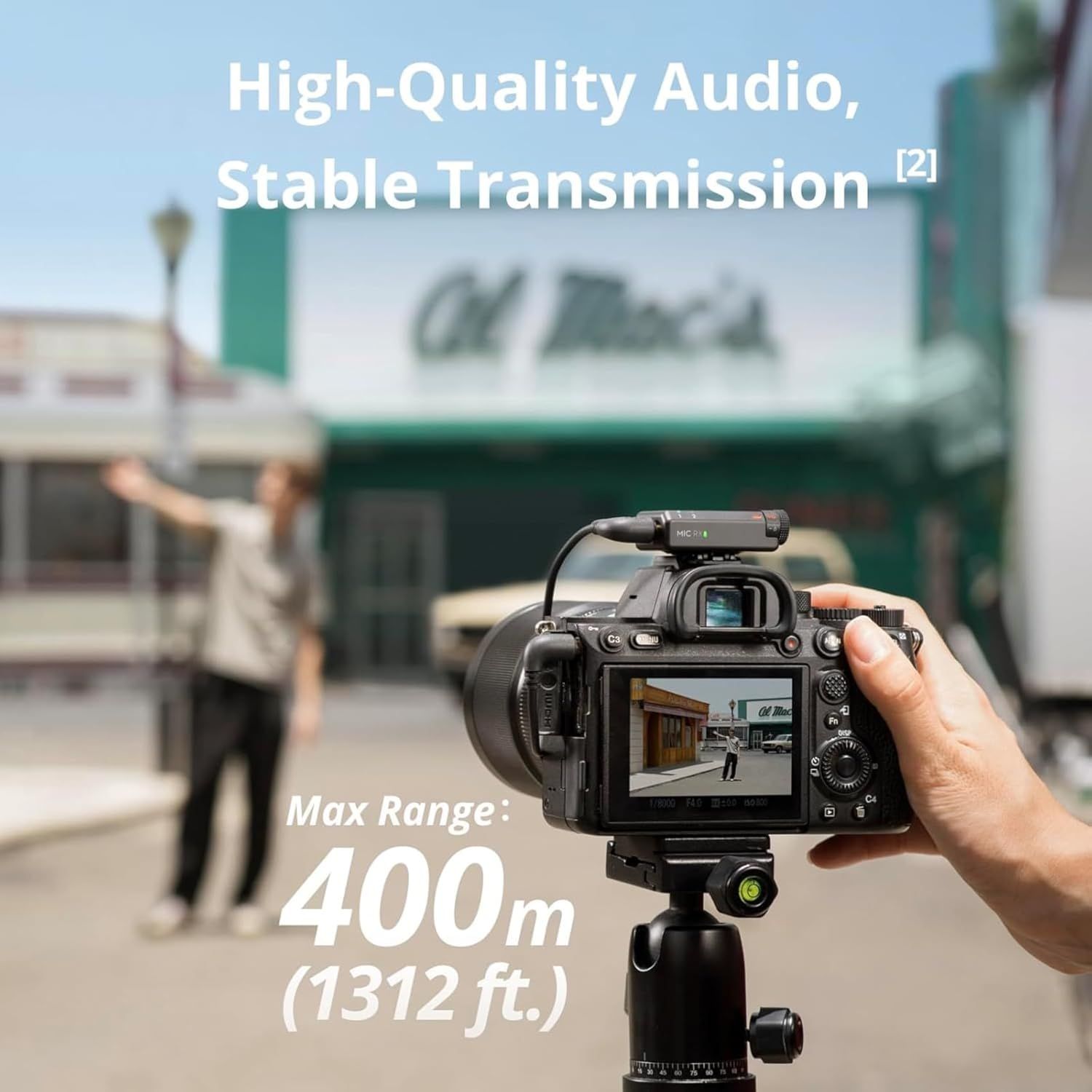 Communicates multiple key benefits of the wireless microphone system including audio quality, transmission stability, and impressive 400m range to reassure videographers and content creators of…