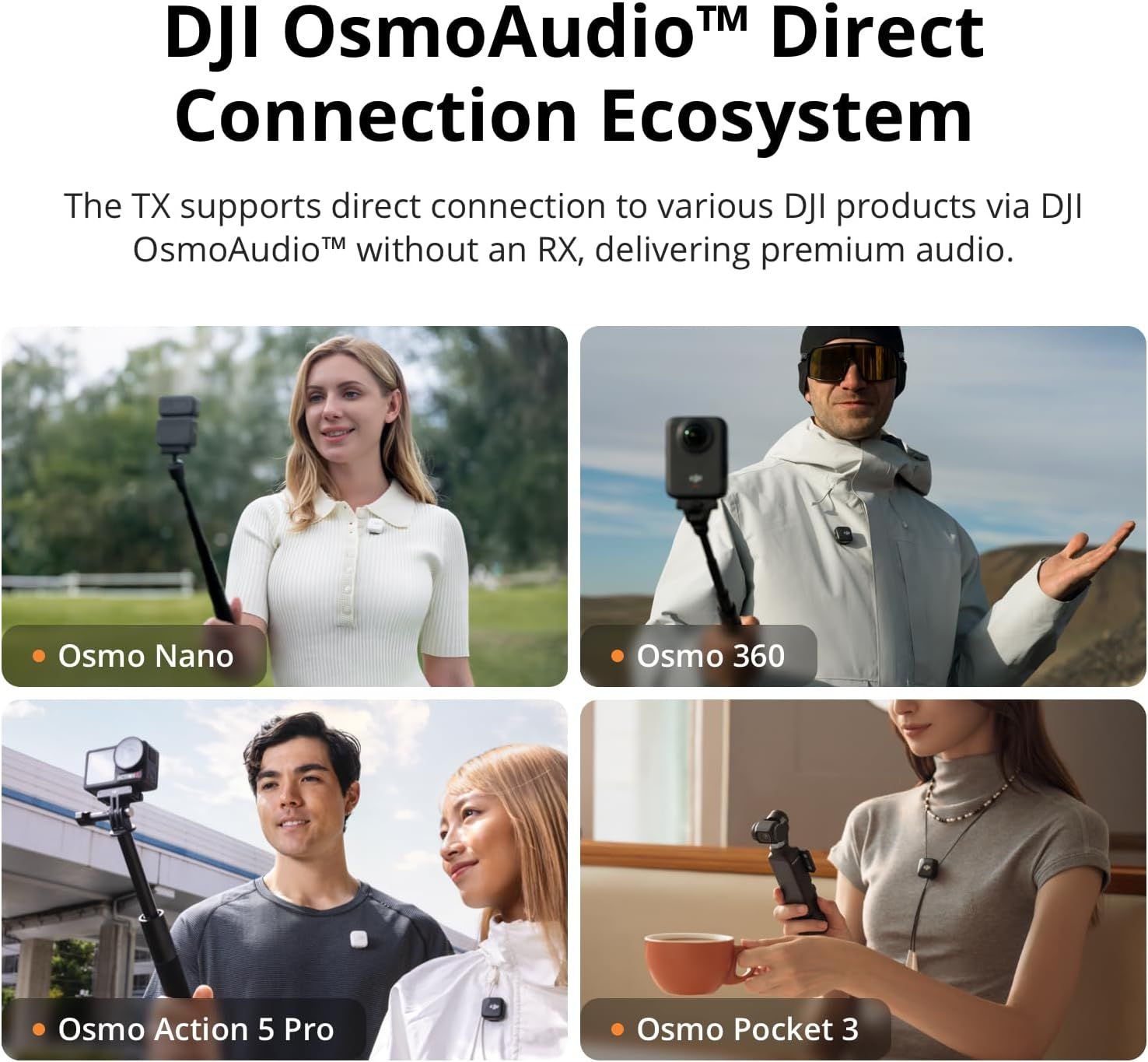 Demonstrates that the TX product is compatible with multiple DJI devices via DJI OsmoAudio technology, reassuring shoppers about ecosystem integration and versatility.
