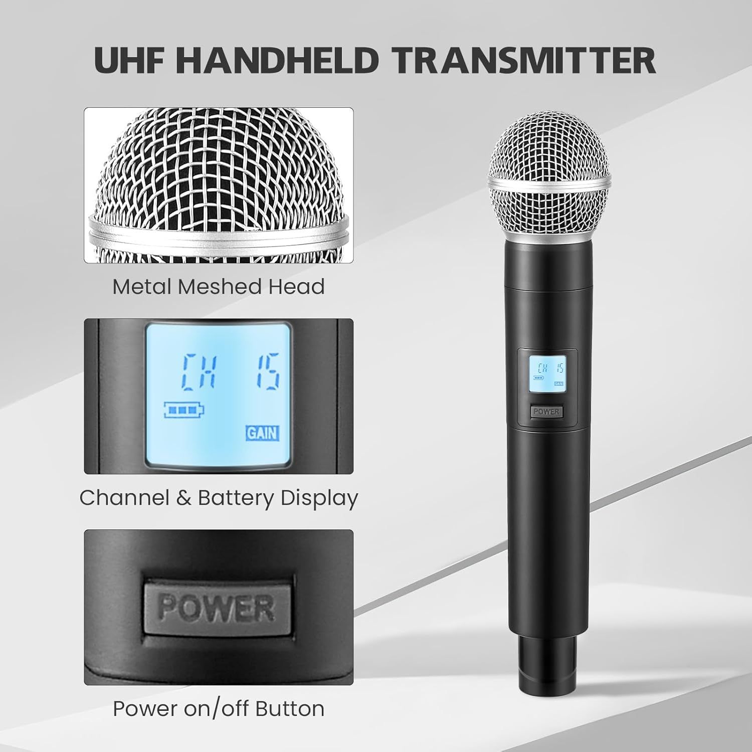 This image breaks down the UHF handheld transmitter by highlighting its key components including the metal meshed head, digital display showing channel and battery status, and power button to help…