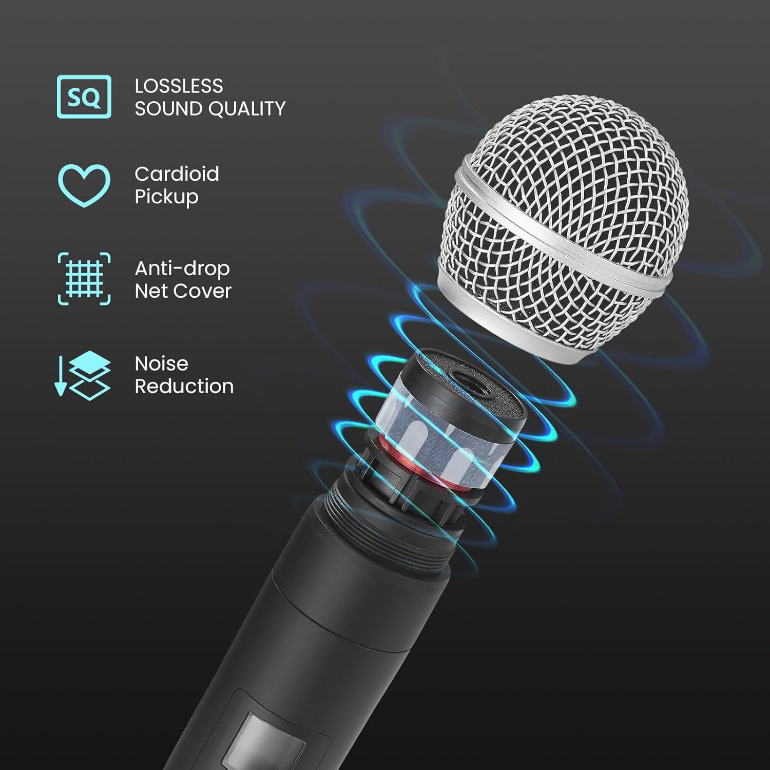 Showcases multiple technical features of the microphone to demonstrate its professional audio quality and durability, helping shoppers understand the key benefits in one comprehensive view.