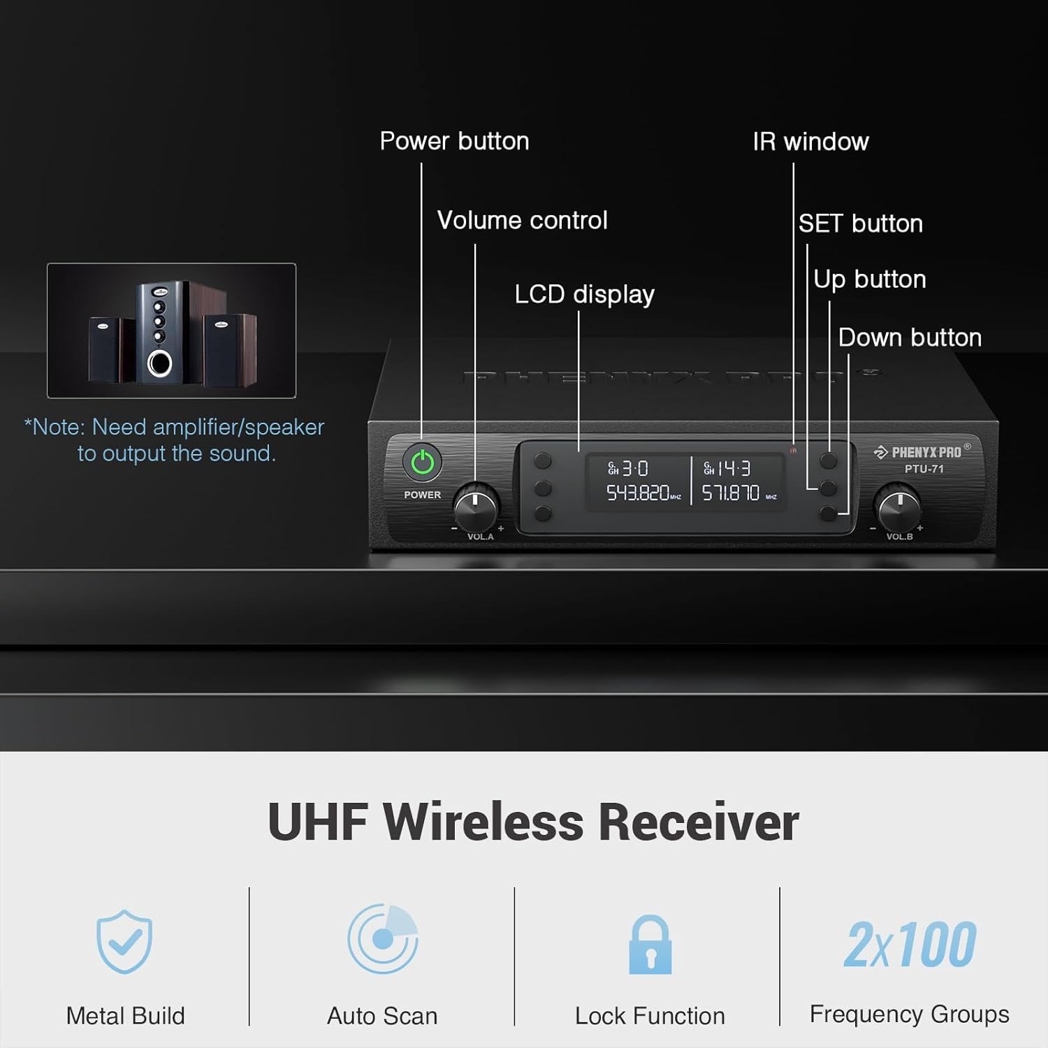 This image breaks down the UHF wireless receiver by labeling all key controls and features, helping shoppers understand how to operate the device and what each component does. Highlights four key…