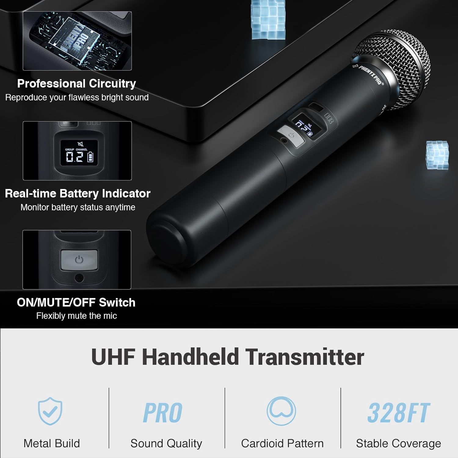 Showcases multiple key features of the wireless microphone including professional audio circuitry, battery monitoring, mute controls, and technical specifications to demonstrate the product's…