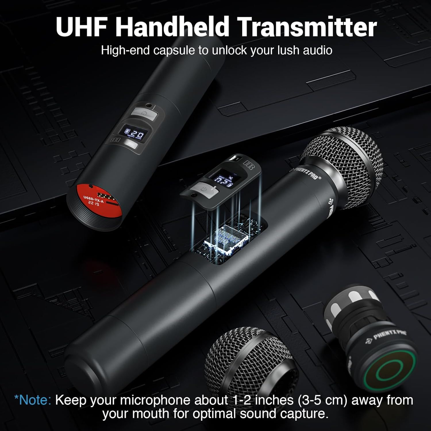Highlights the premium audio quality of the UHF handheld transmitter by showcasing the high-end capsule technology and providing usage guidance for optimal sound capture.