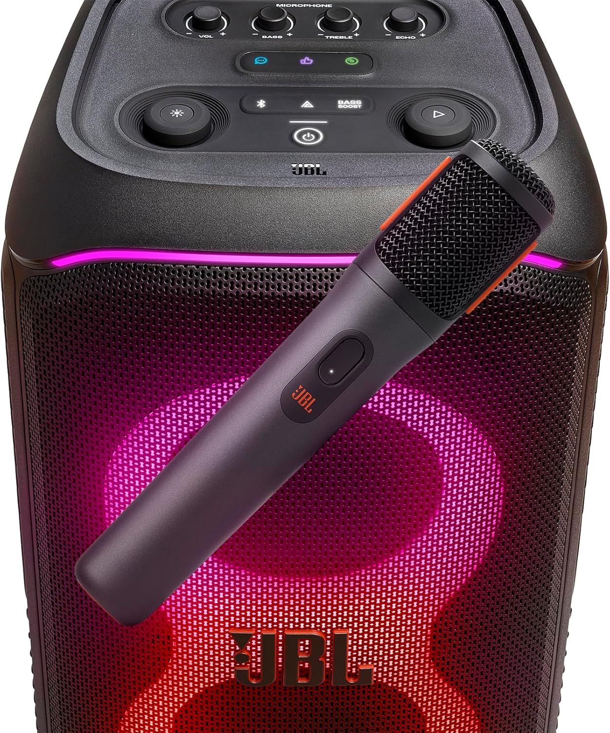 This image showcases the key functional components of the JBL speaker system, including the control panel with volume, bass, treble, and echo knobs, the included wireless microphone, and the…