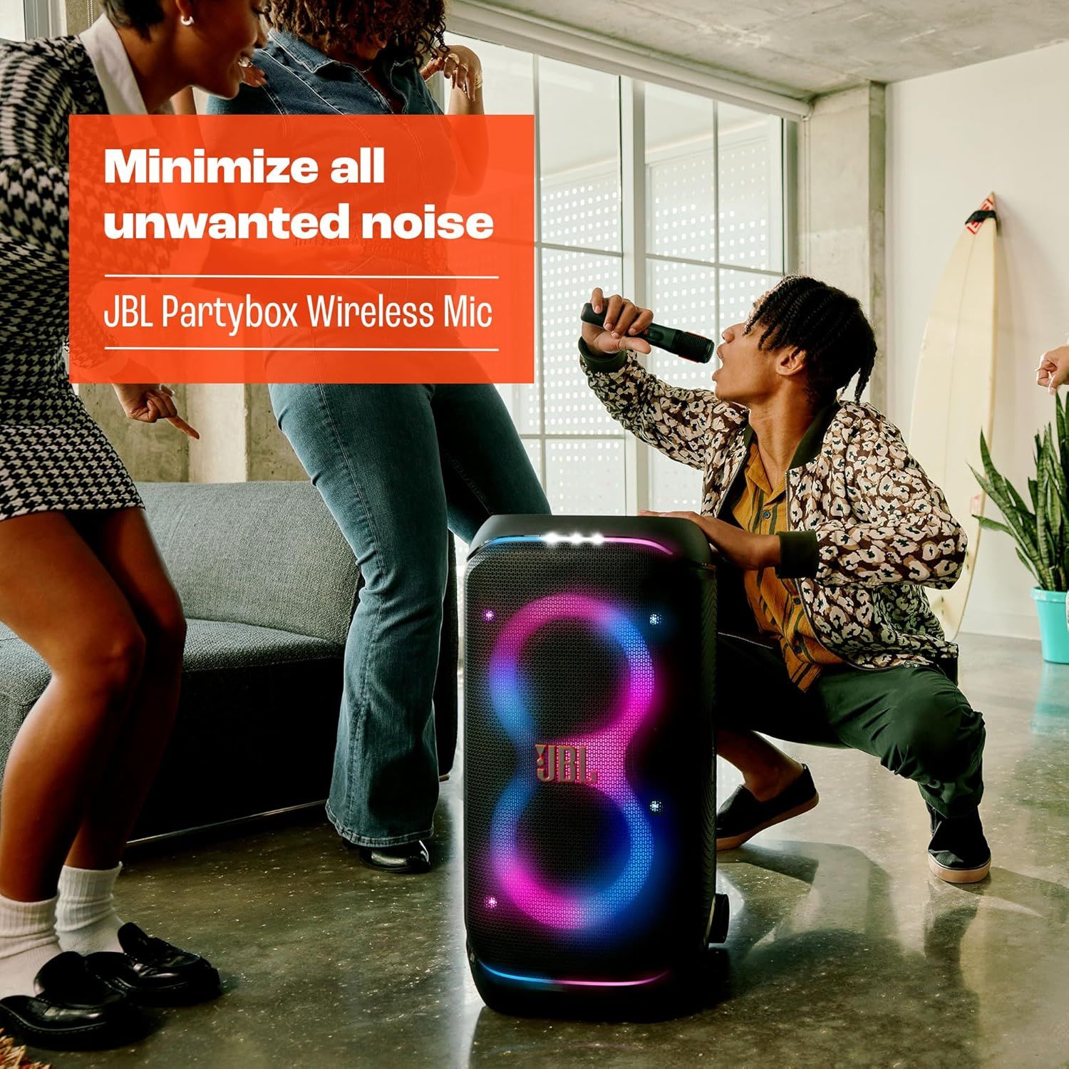 Communicates that the JBL Partybox Wireless Mic minimizes unwanted noise, reassuring shoppers that they can enjoy clear audio during parties and karaoke sessions.