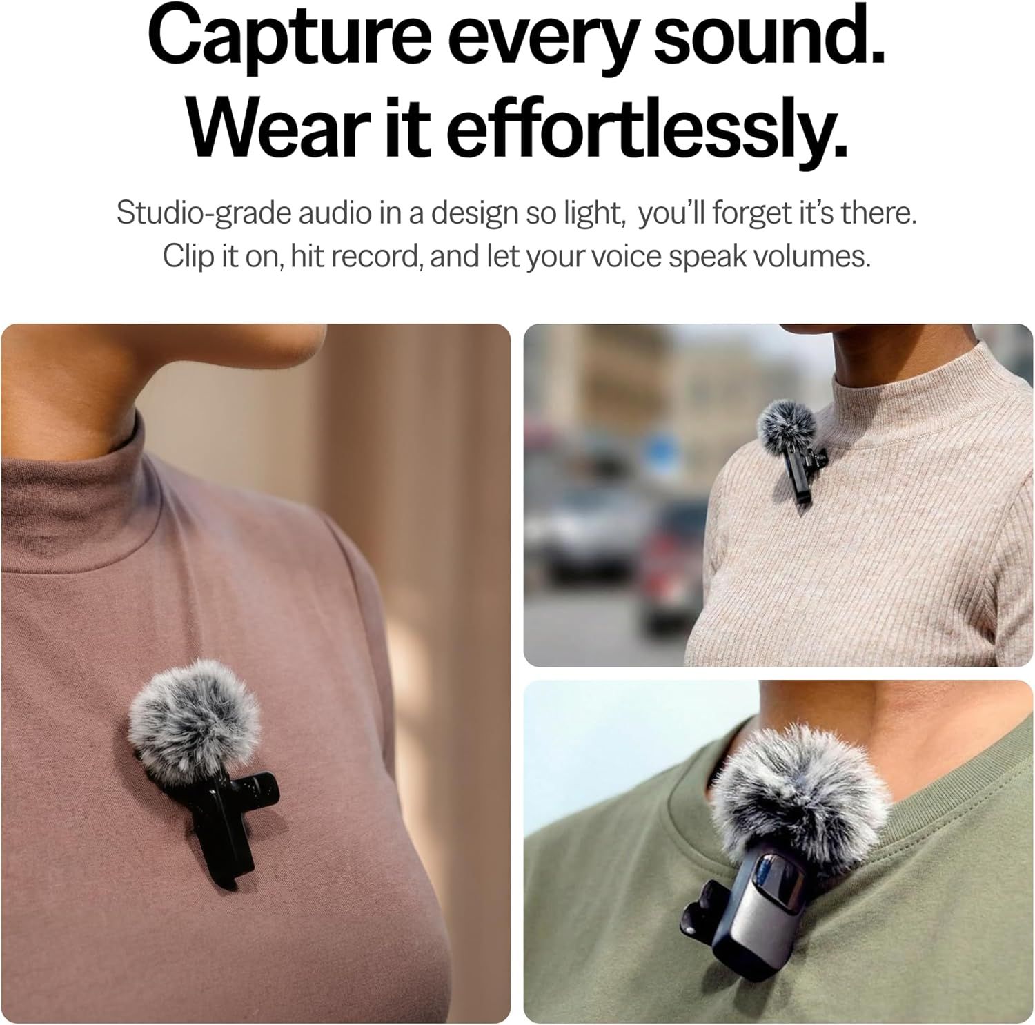 Communicates that the microphone delivers professional audio quality while being extremely lightweight and easy to wear, making it convenient for hands-free recording.
