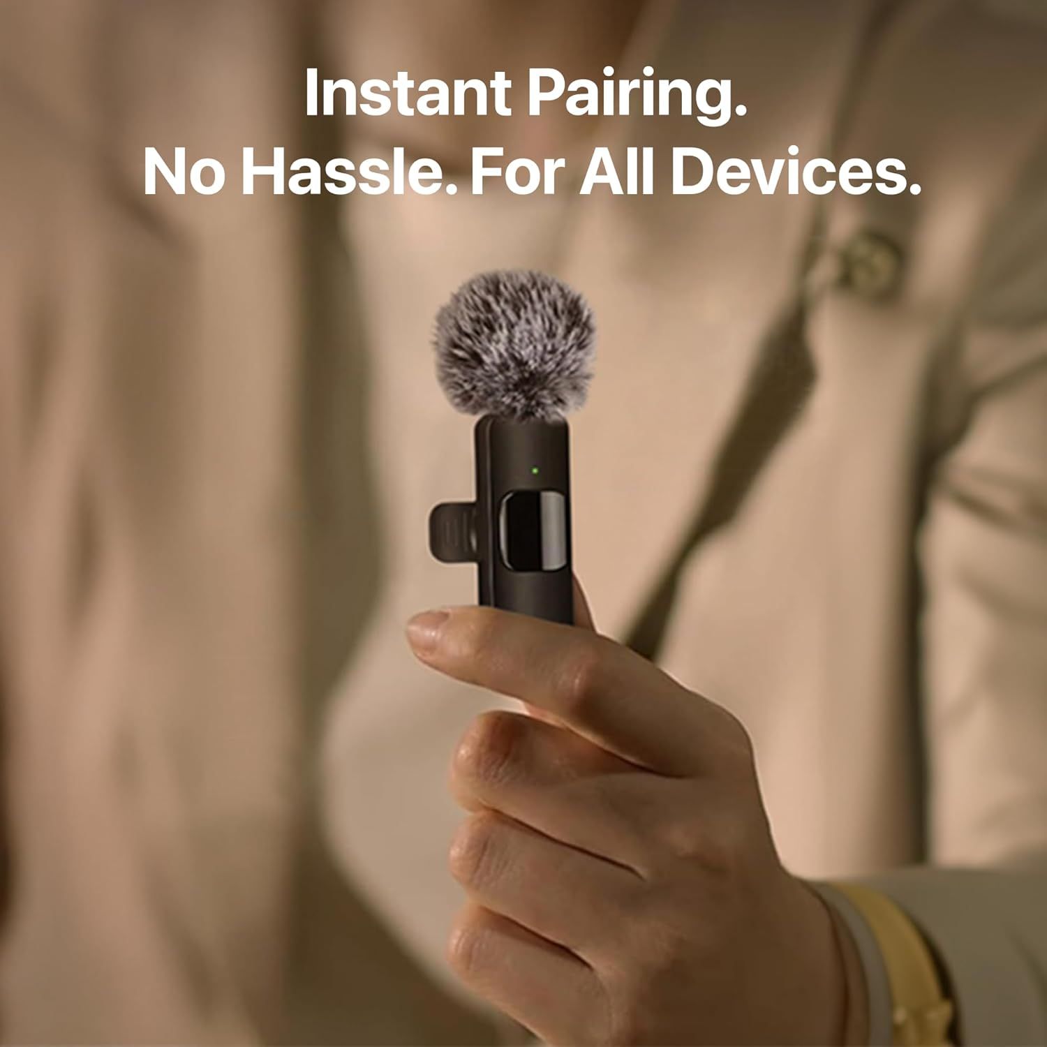Communicates that the microphone pairs instantly with all devices without hassle, reducing setup friction and reassuring shoppers of ease of use.