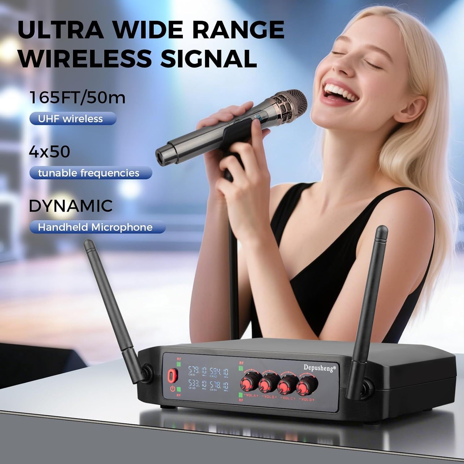 Showcases multiple key features of the wireless microphone system including its extended range, frequency options, and microphone type to help shoppers understand the products technical capabilities…