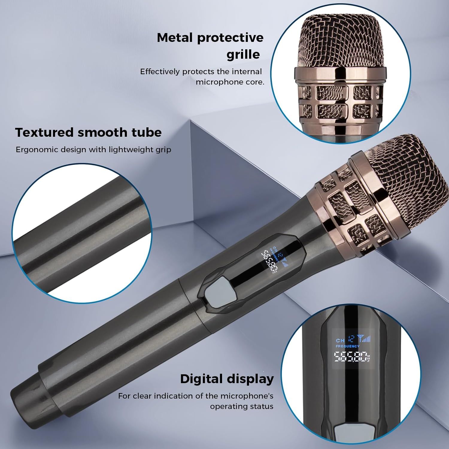 This image breaks down the microphone by highlighting specific parts and features with callouts and zoomed-in views to help shoppers understand the physical components and build quality.