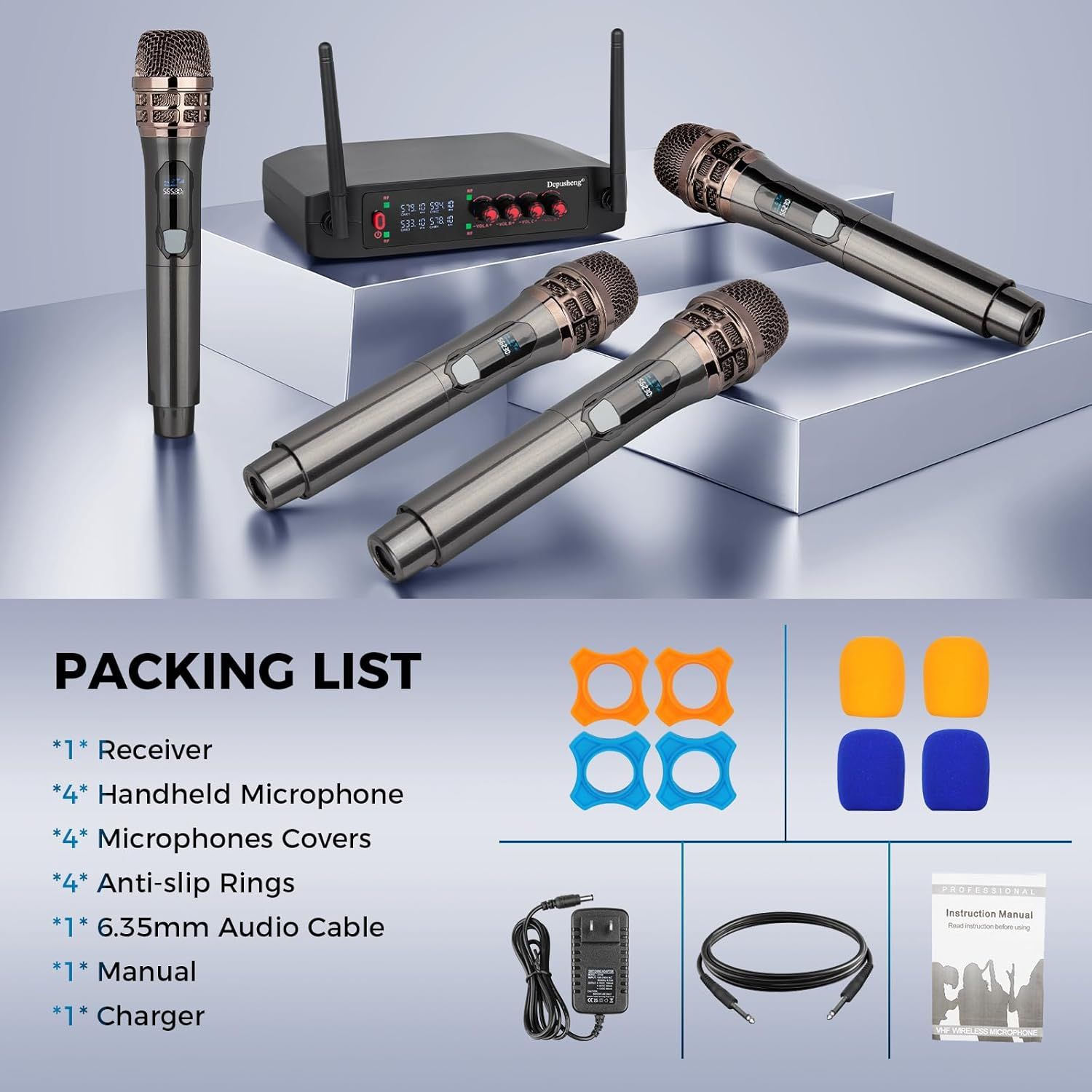 Shows everything included in the purchase: receiver, 4 handheld microphones, covers, anti-slip rings, audio cable, manual, and charger to help shoppers understand the complete value of the bundle.