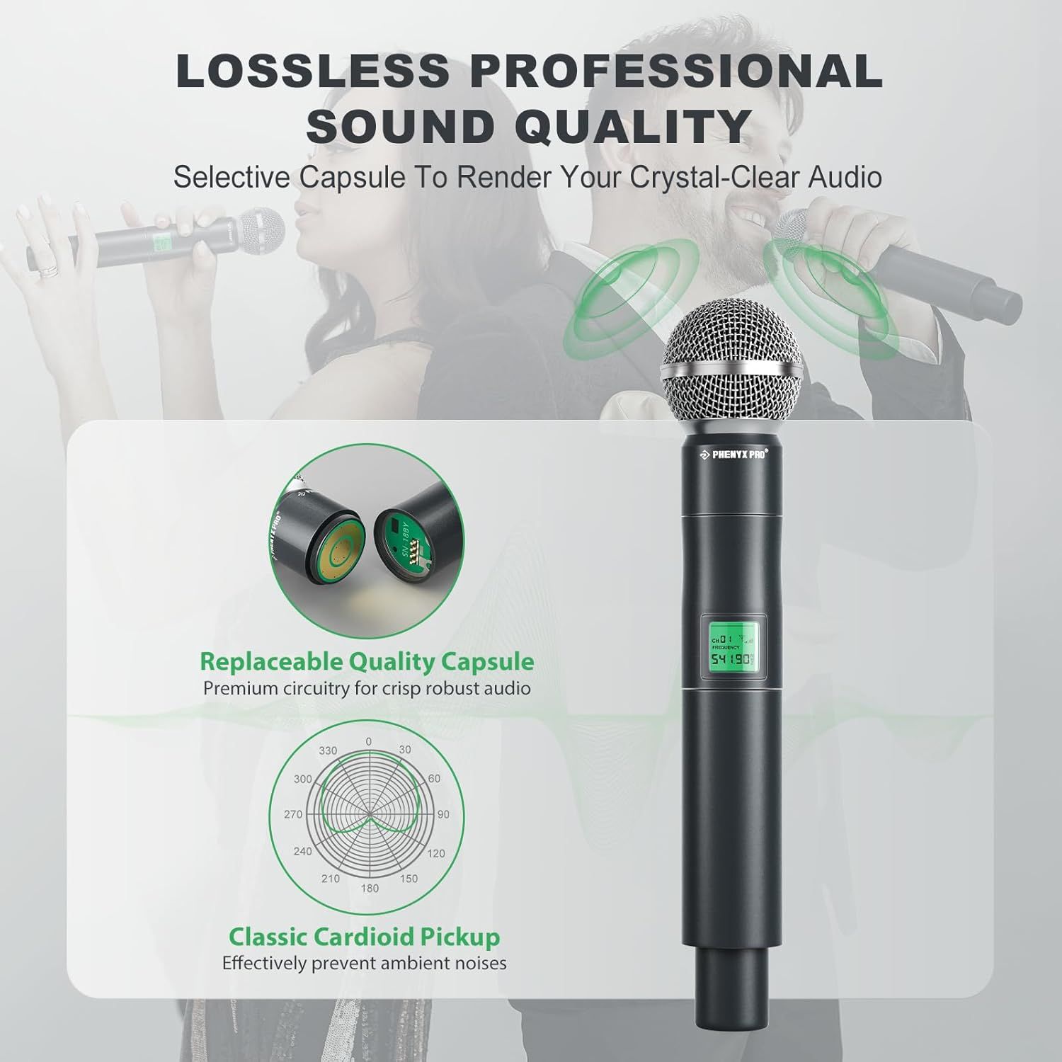 Communicates multiple technical features of the wireless microphone including professional sound quality, replaceable capsule design, and cardioid pickup pattern to demonstrate the product's…
