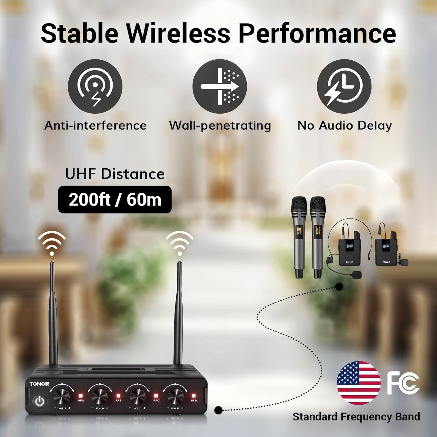 Communicates multiple technical benefits of the wireless microphone system to reassure shoppers about stable performance, long range, and reliable connectivity.