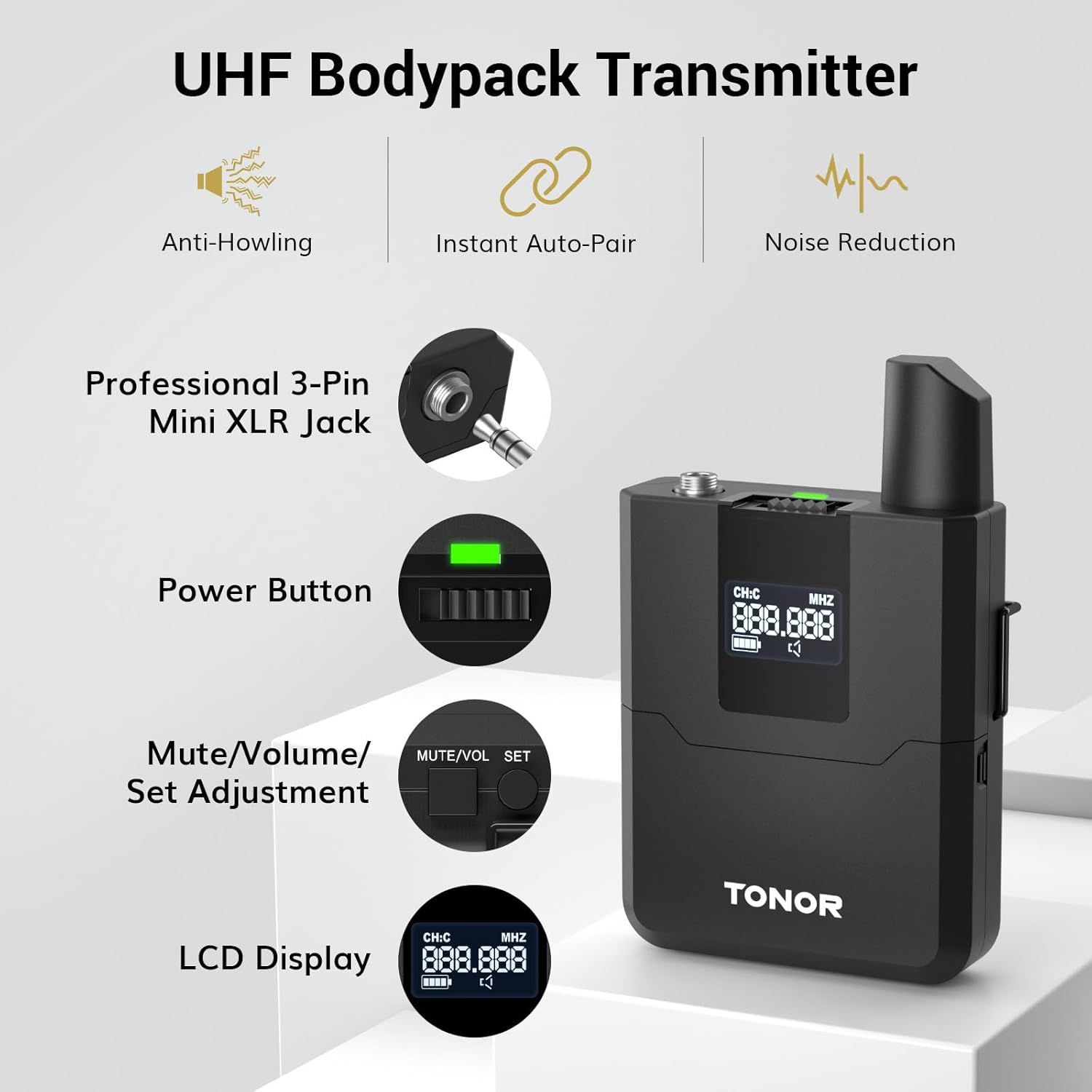 This image breaks down the UHF Bodypack Transmitter by labeling and highlighting its key physical components and functional features, helping shoppers understand the product's structure and…