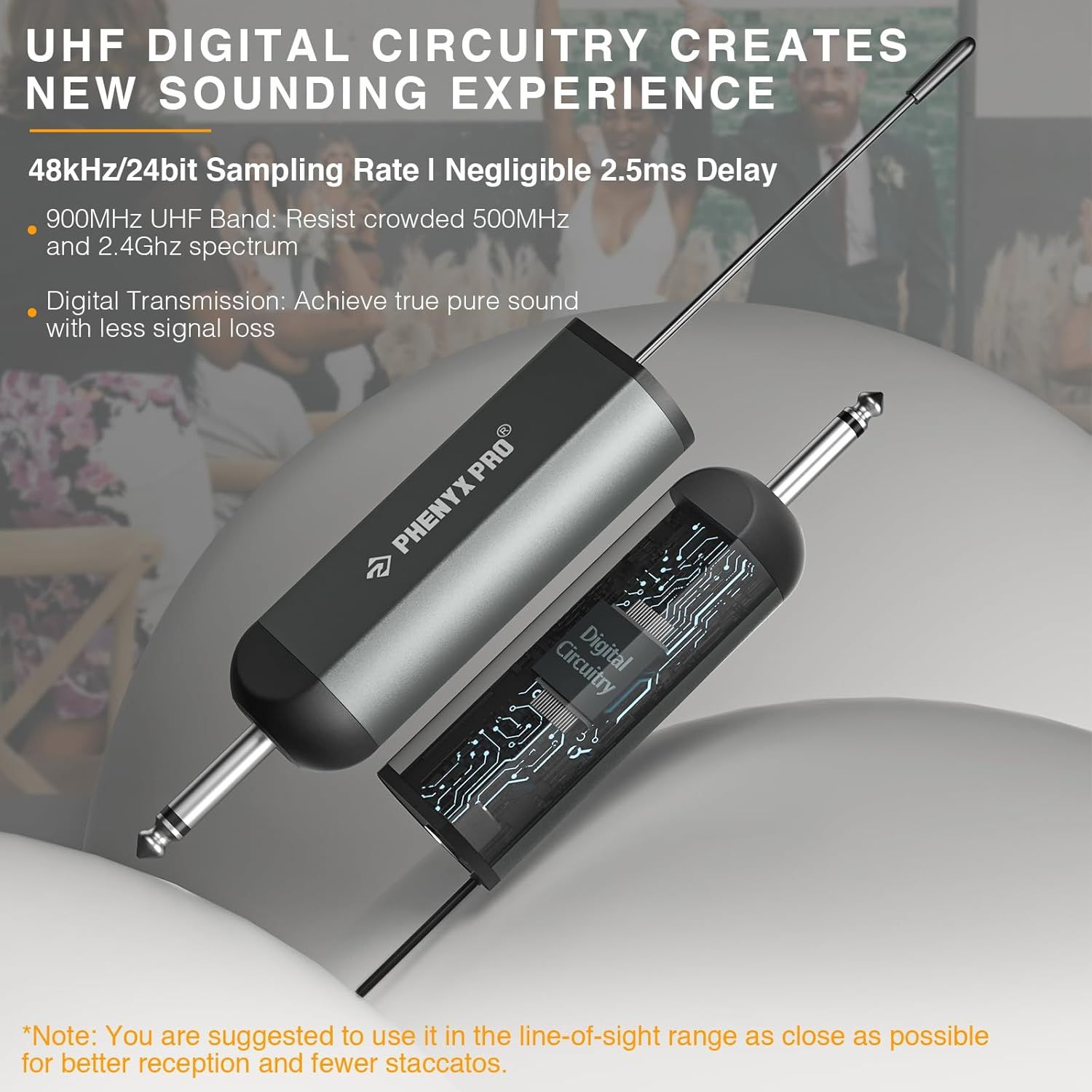 Communicates multiple technical benefits of the wireless audio system including superior sound quality through digital circuitry, high-quality sampling rate, minimal delay, and…