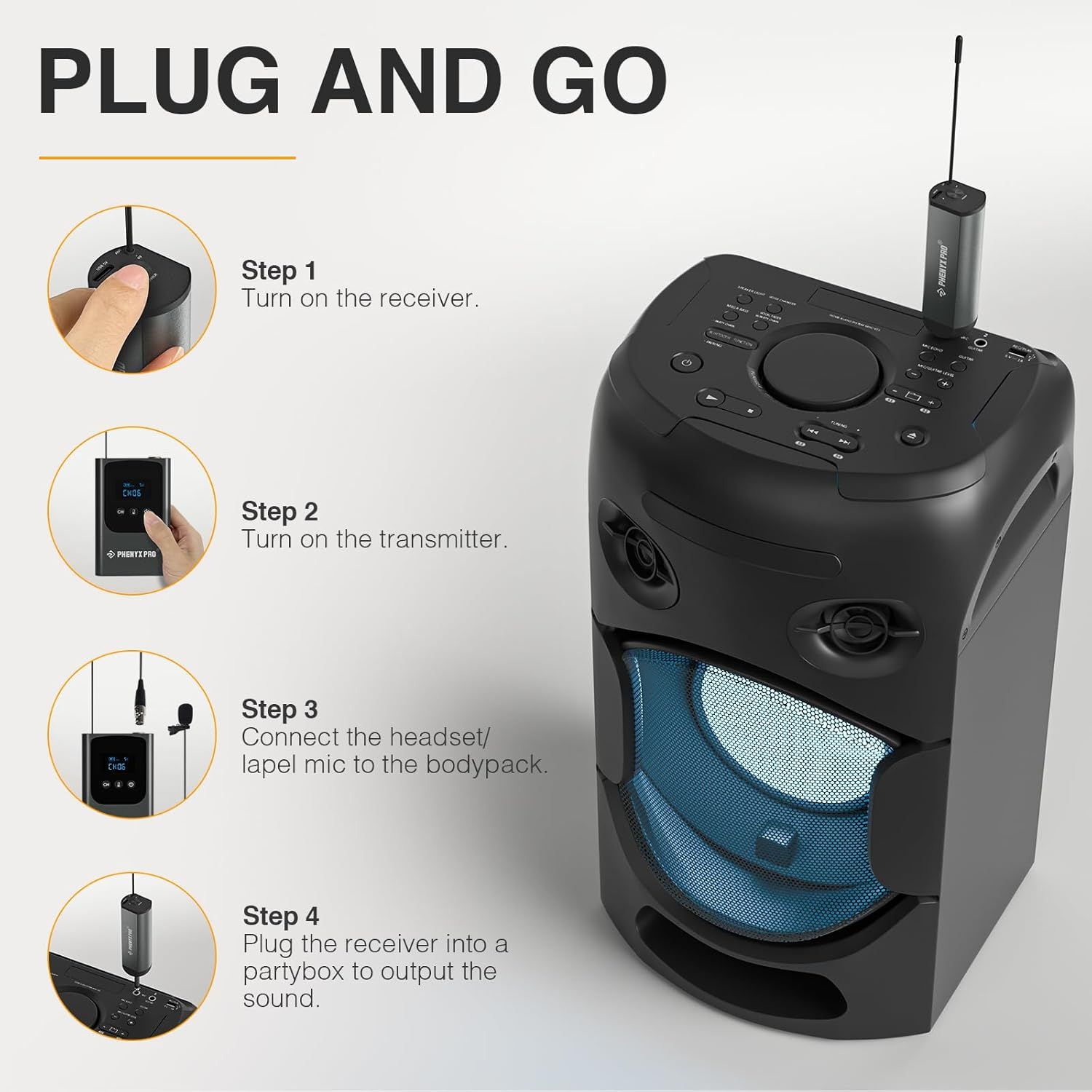 Provides step-by-step instructions on how to set up and use the wireless microphone system with the party speaker, reducing setup friction and answering common usage questions.