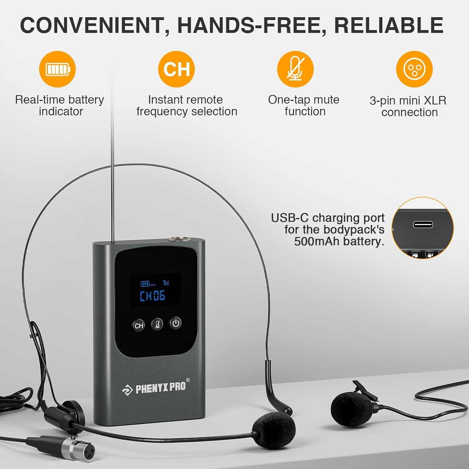 Showcases multiple key features of the wireless microphone bodypack to demonstrate its convenience, hands-free operation, and reliability for professional audio use.