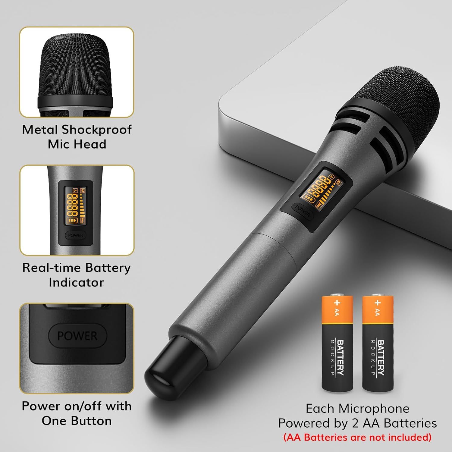 Showcases multiple key features of the wireless microphone including durability, battery monitoring, ease of use, and power requirements to help shoppers understand the product's functionality and…