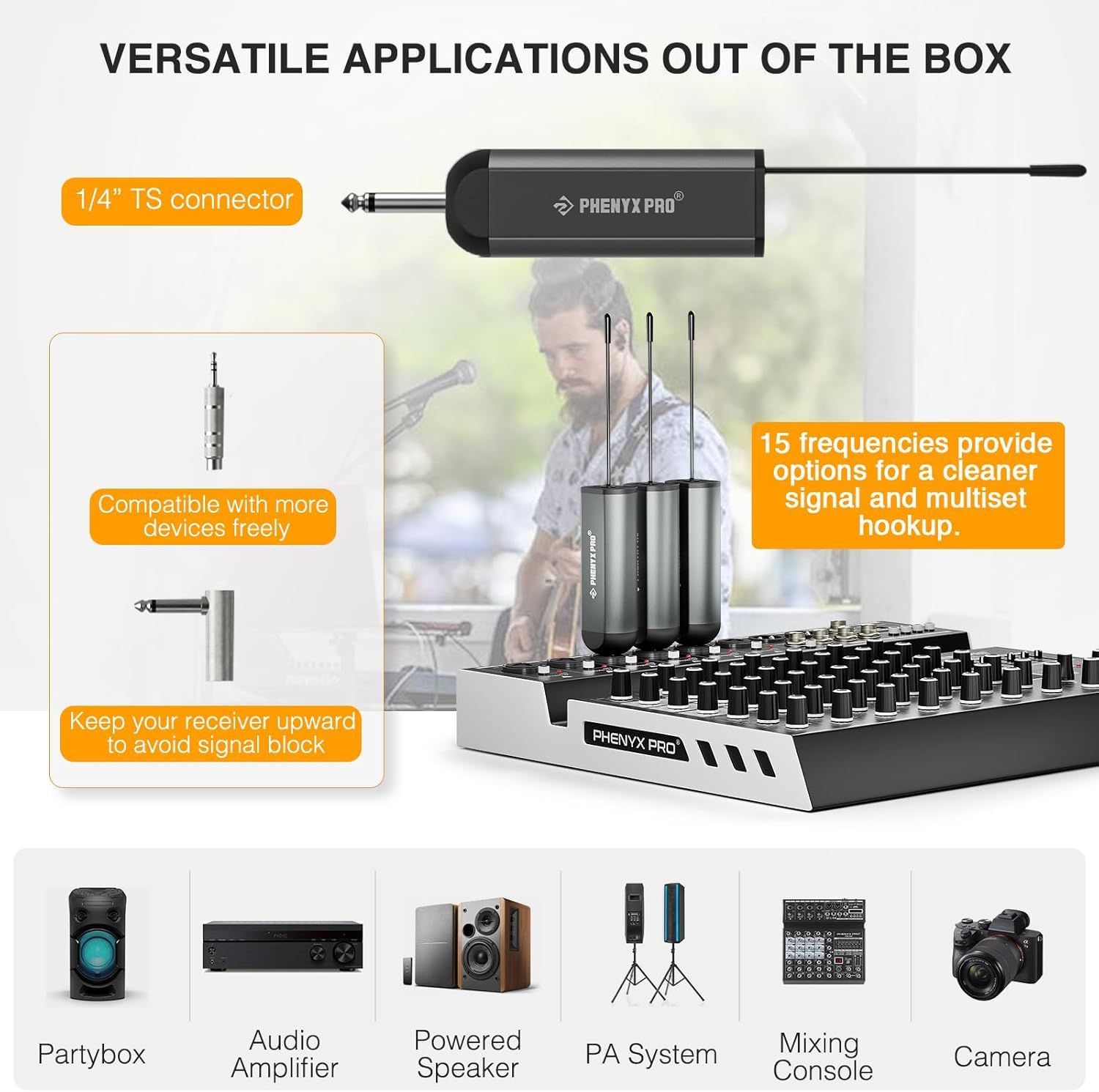 Demonstrates the versatility of the wireless audio product by showing it can be used with various audio equipment including partybox speakers, amplifiers, powered speakers, PA systems, mixing…