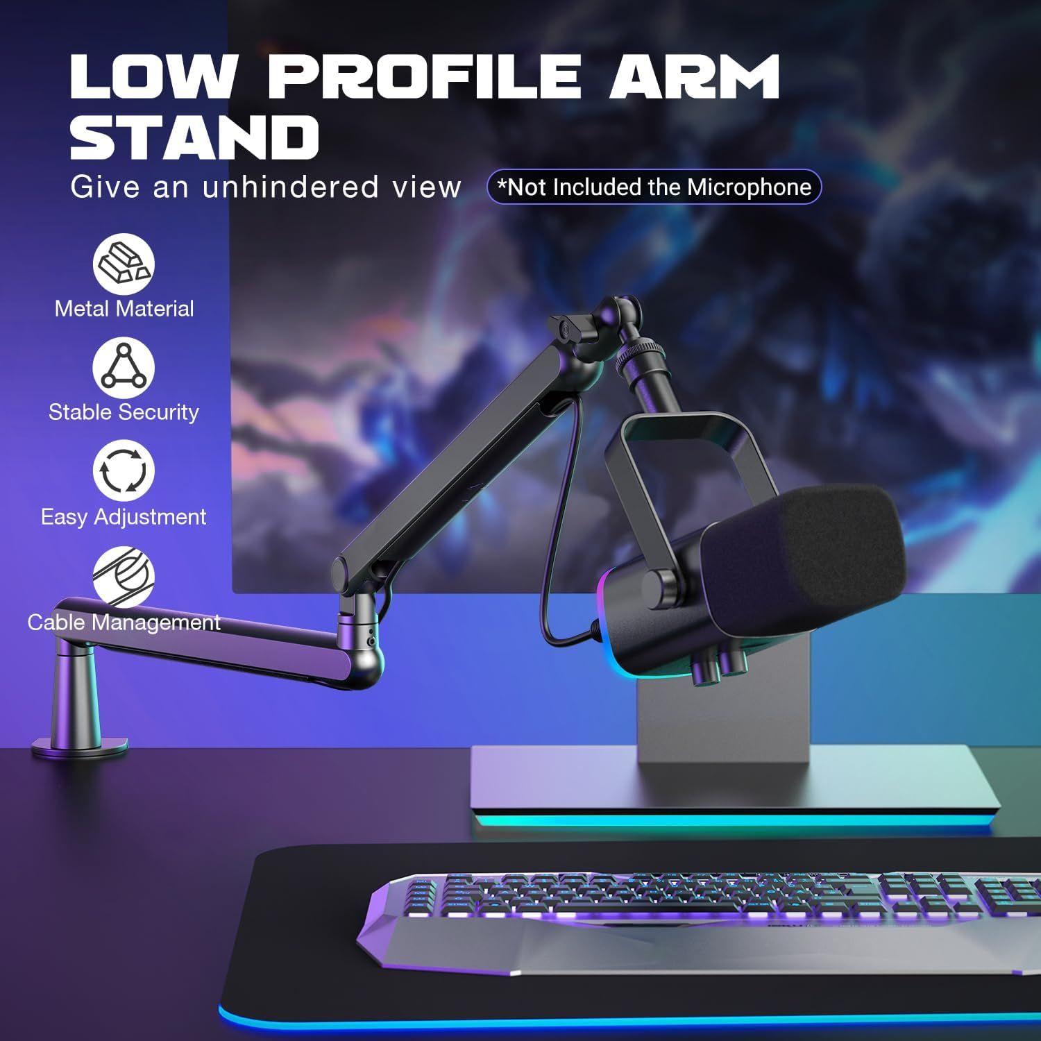 Showcases multiple key features of the low profile arm stand including its metal construction, stability, adjustability, and cable management to demonstrate its comprehensive functionality for…