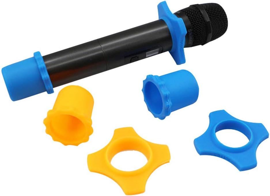 Shows all the components included with the microphone purchase, including the main microphone unit and various colored grip attachments to reassure shoppers of what they will receive.