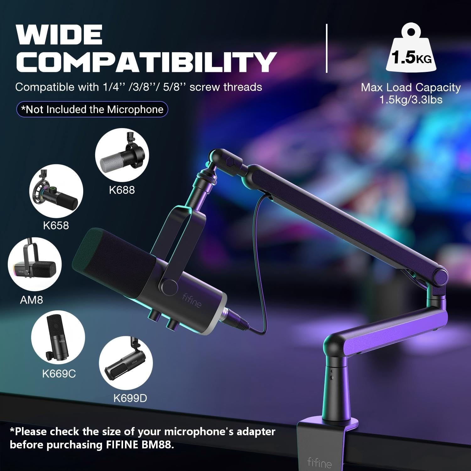 Communicates that the microphone boom arm is compatible with multiple microphone models and screw thread sizes, and can safely support up to 1.5kg, helping shoppers confirm it will work with their…