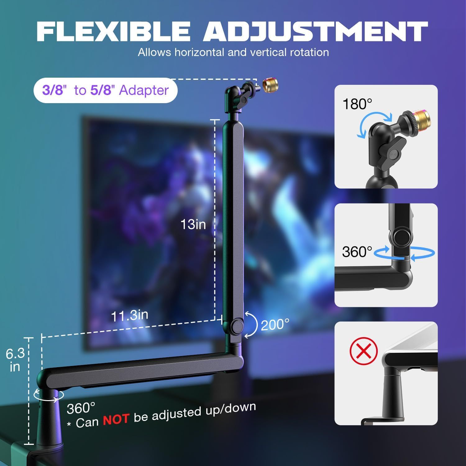 Demonstrates multiple adjustment capabilities of the product including horizontal and vertical rotation angles, adapter size, height specifications, and rotation limitations to help shoppers…