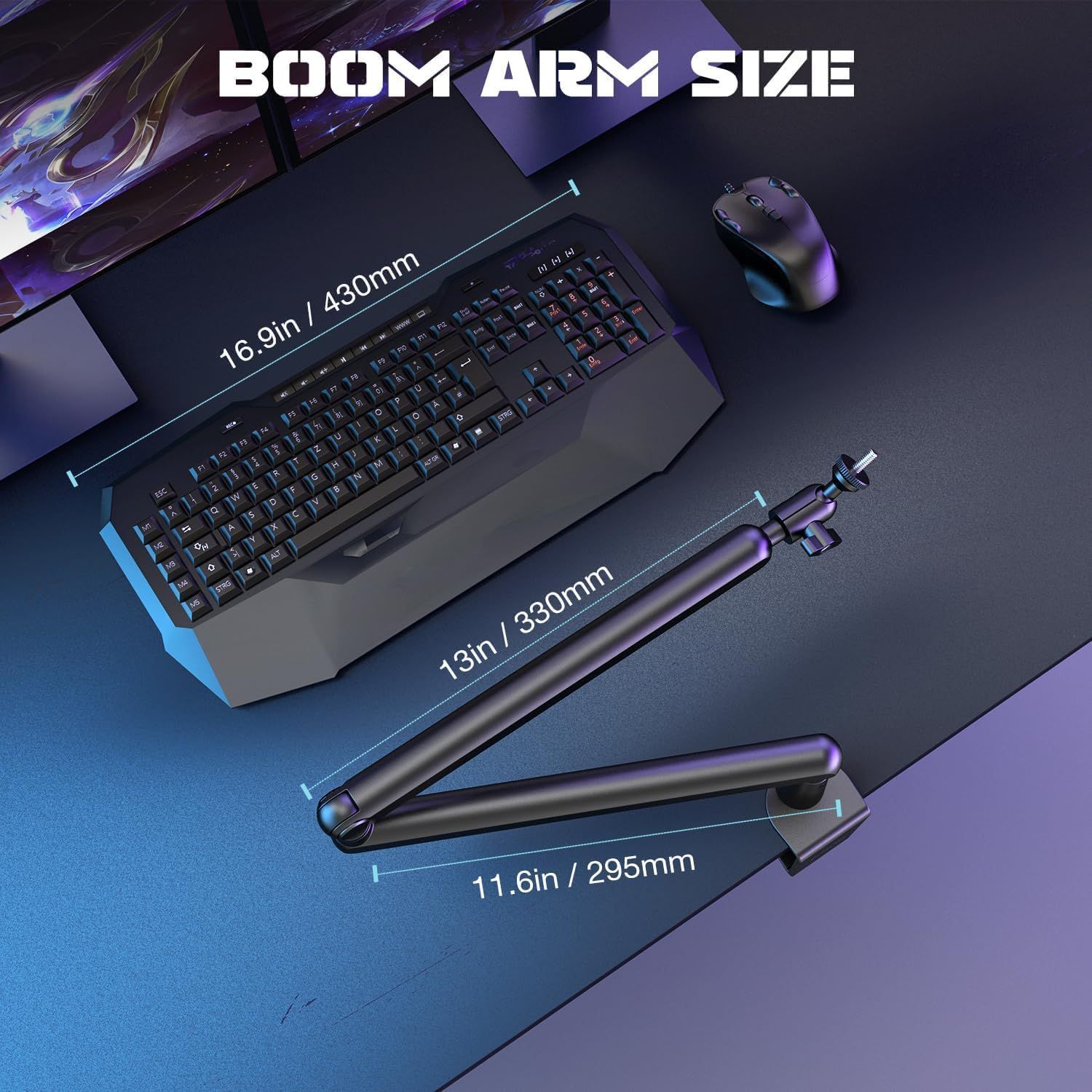 Communicates the exact dimensions of the boom arm in multiple positions to help shoppers understand the physical size and reach of the product.