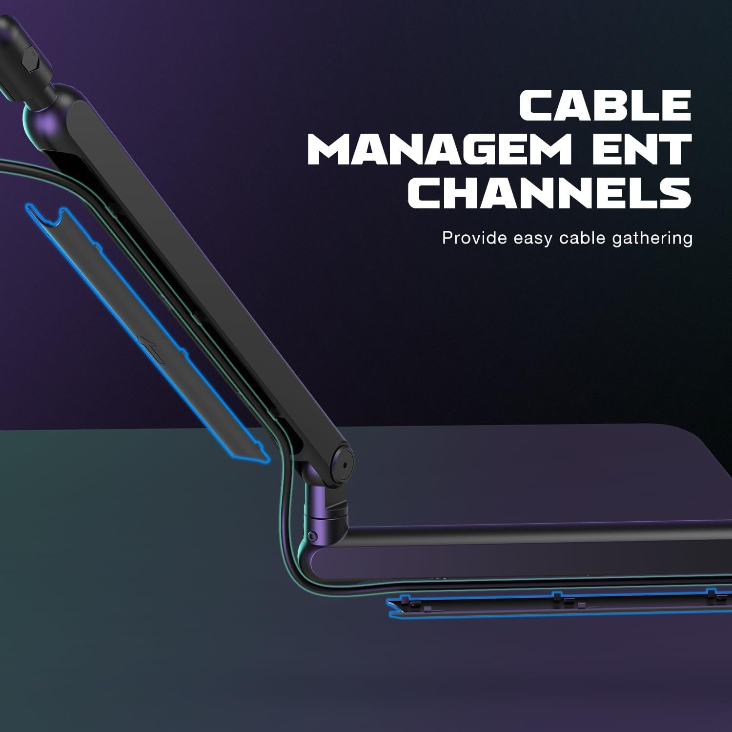 Highlights the cable management channels feature to show shoppers how the product keeps cables organized and gathered neatly.