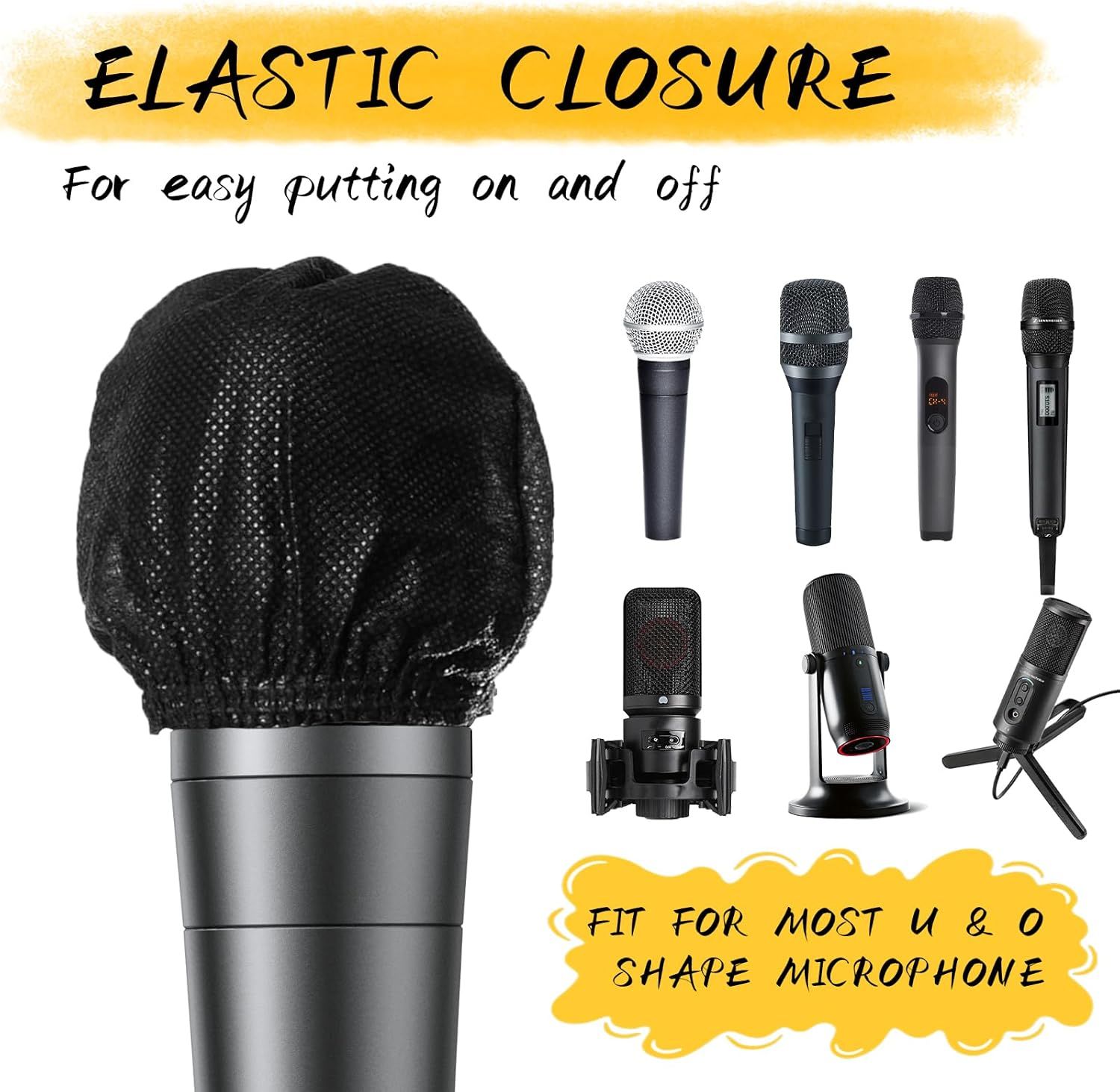 Communicates that the microphone cover has an elastic closure design for easy installation and removal, and shows compatibility with various microphone shapes.