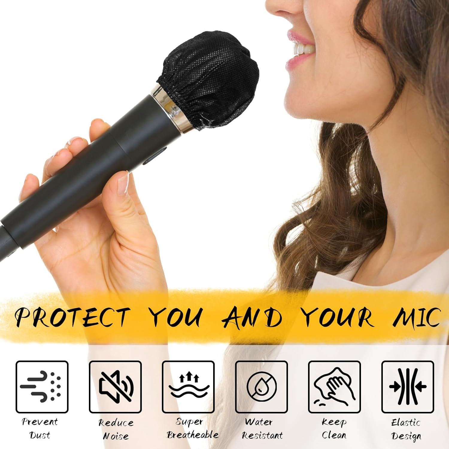 Communicates six distinct protective benefits of the microphone cover to reassure buyers that it protects both the user and the microphone from dust, moisture, and noise while remaining comfortable…